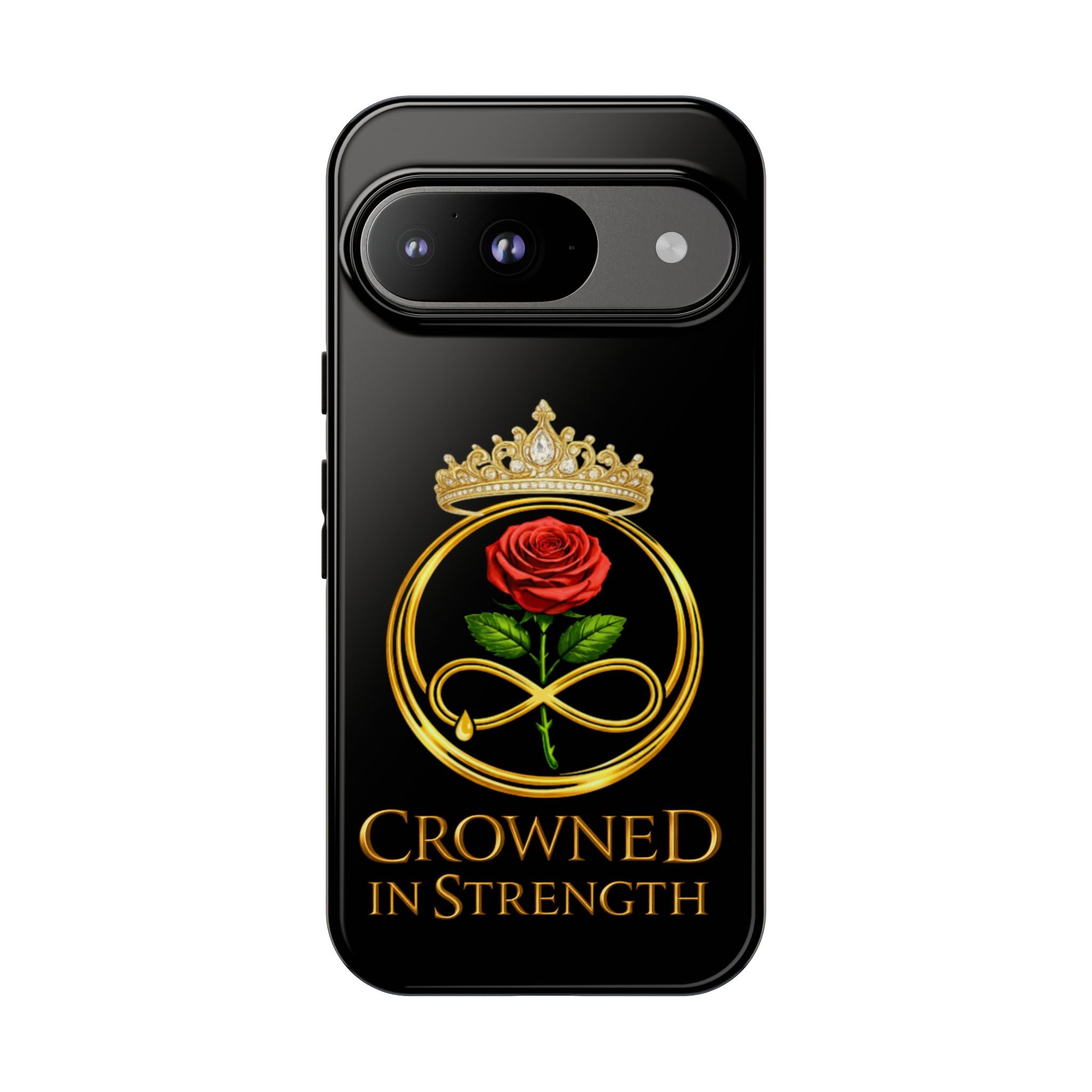 'A Rose Crowned in Strength Phone Case Black Rose Gold infinity