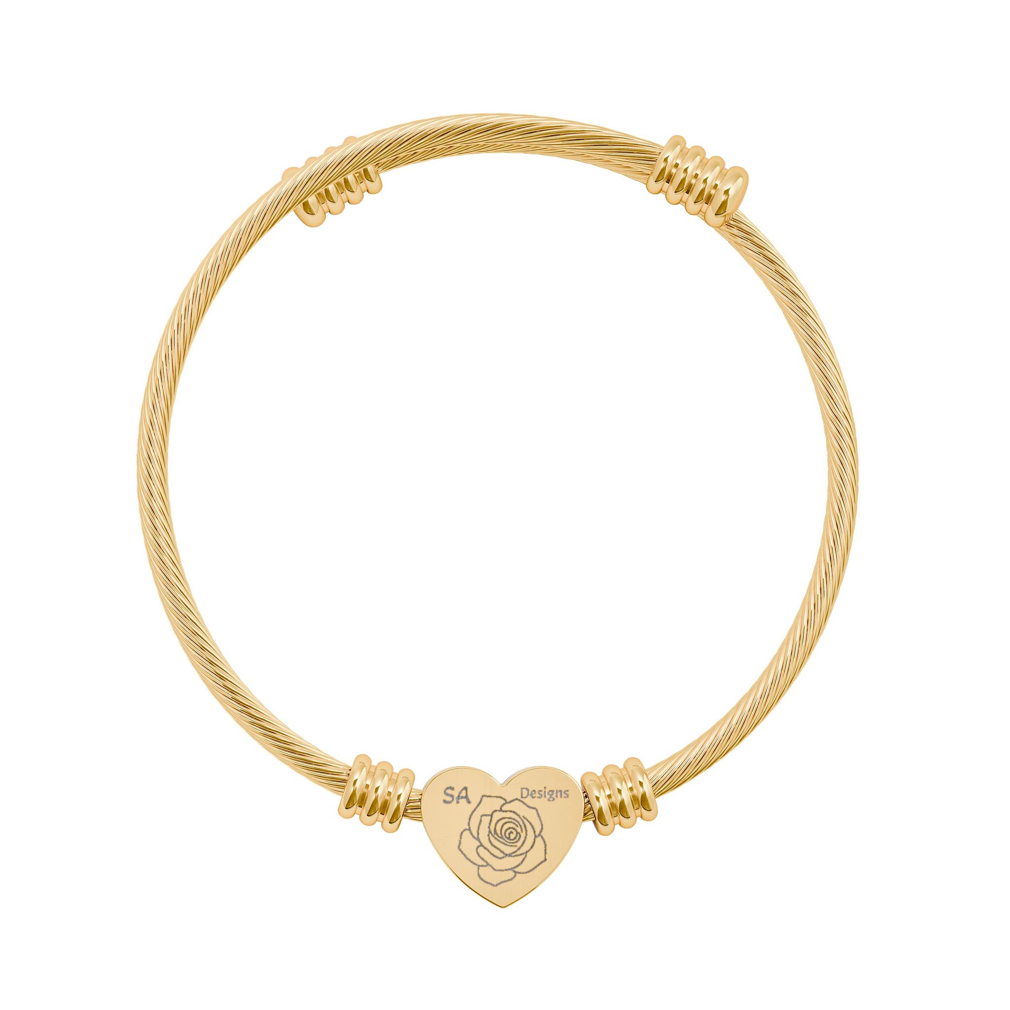 Engravable Heart Stephanie Ann Designs Rose Cuff Bracelet — Personalized Cable Wire Bangle (Silver or Gold)