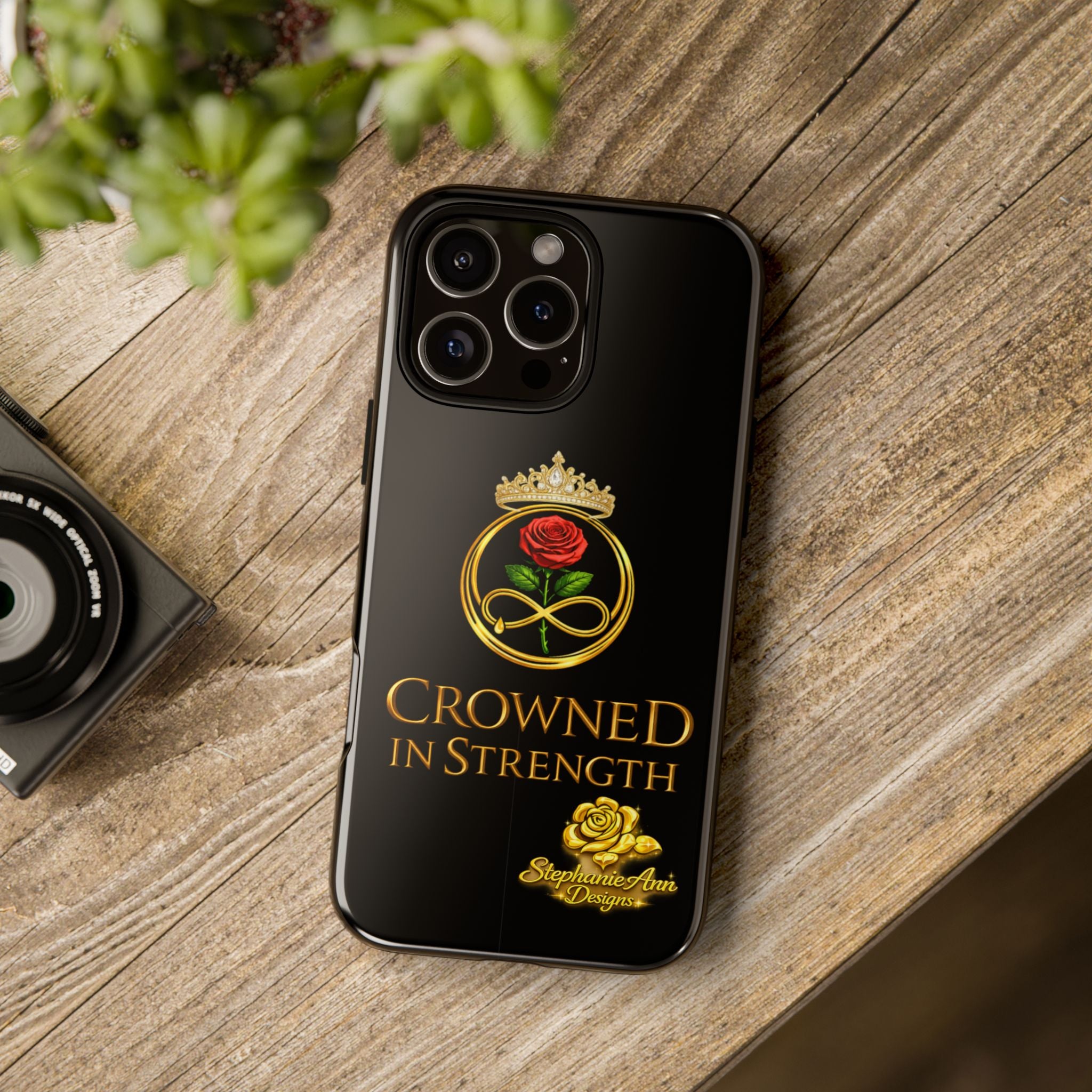 ' A Rose Crowned in Strength Phone Case Rose golden  — Protective Black Case with Rose & Crown Empowerment Design
