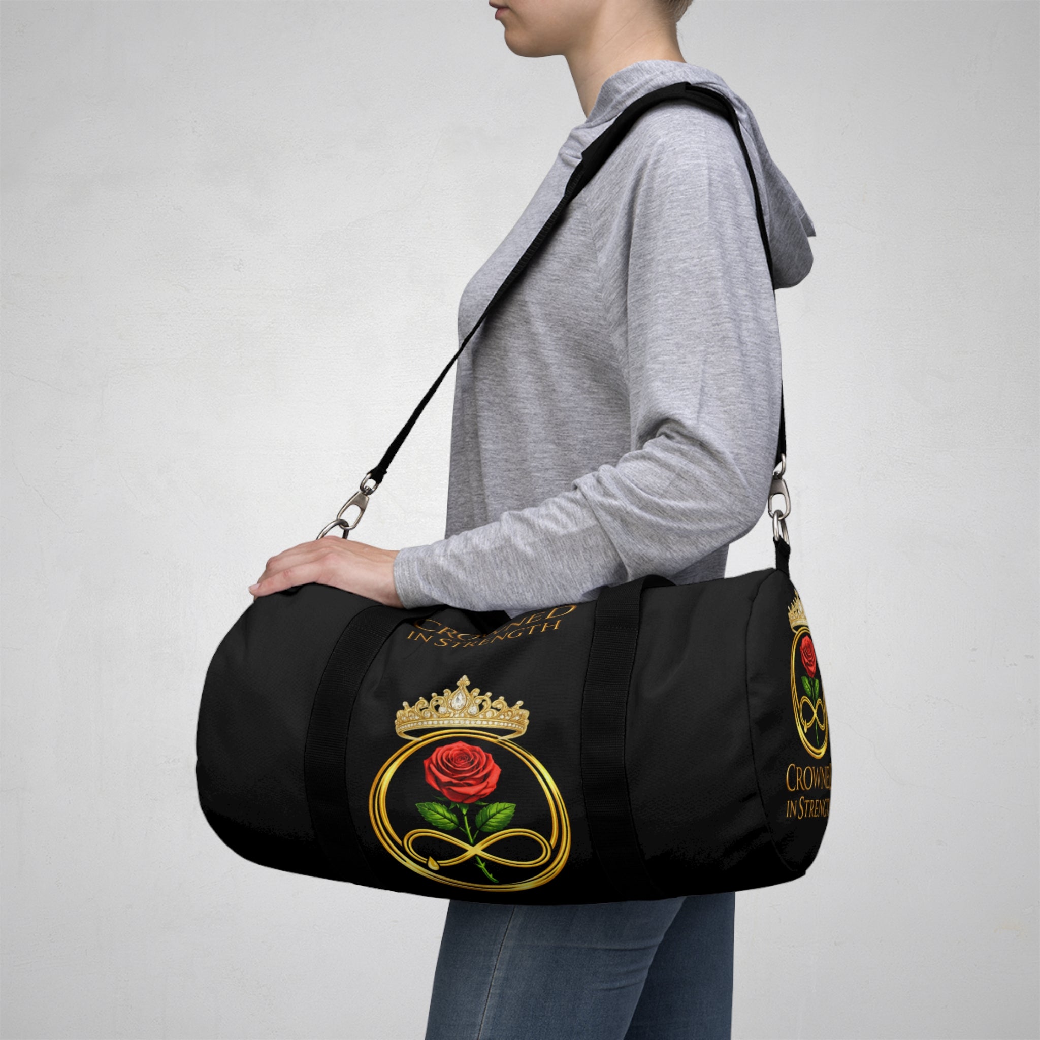 'A Rose Crowned in Strength Golden circle Infinity Of Red Rose Life Duffel Bag — Inspirational Rose & Infinity Travel Gym Bag