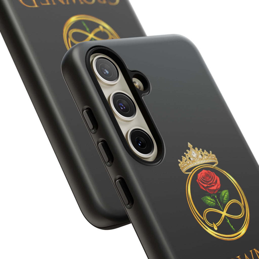 ' A Rose Crowned in Strength Phone Case Rose golden  — Protective Black Case with Rose & Crown Empowerment Design