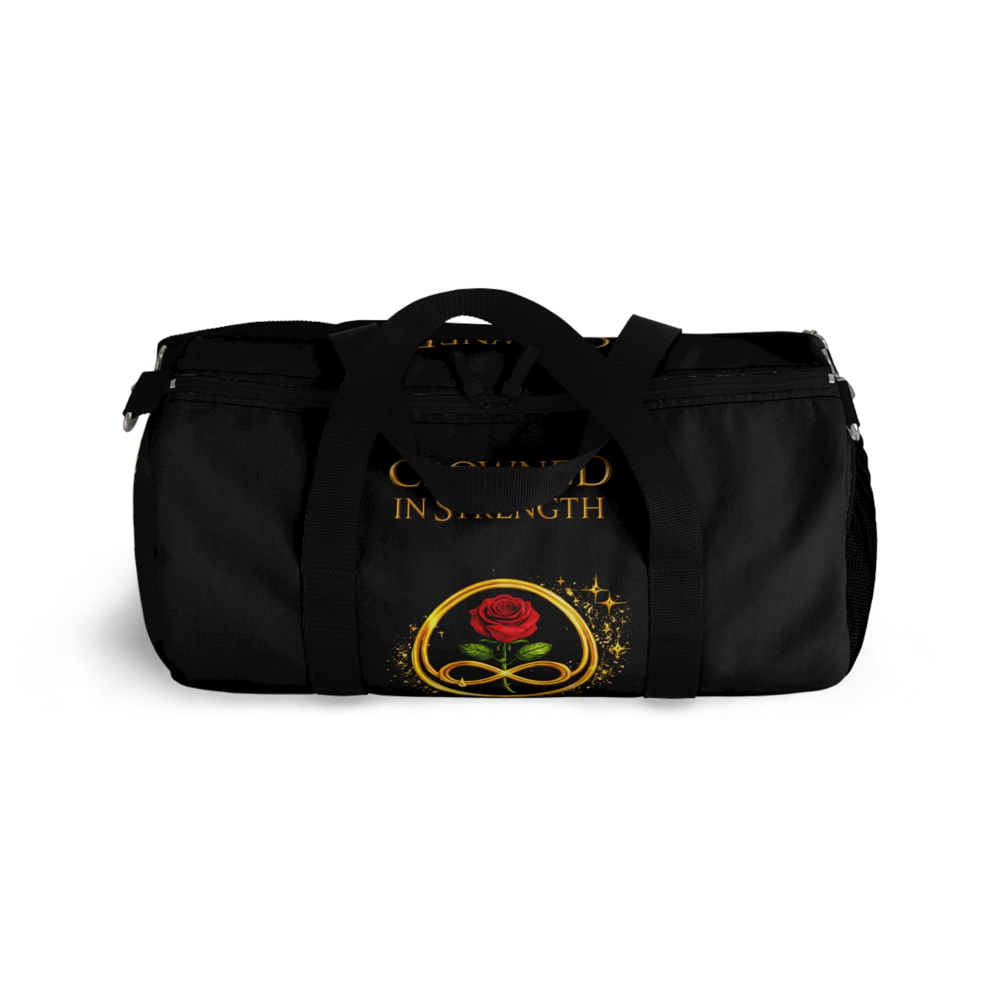 'A Rose Crowned in Strength Golden circle Infinity Of Red Rose Life Duffel Bag — Inspirational Rose & Infinity Travel Gym Bag