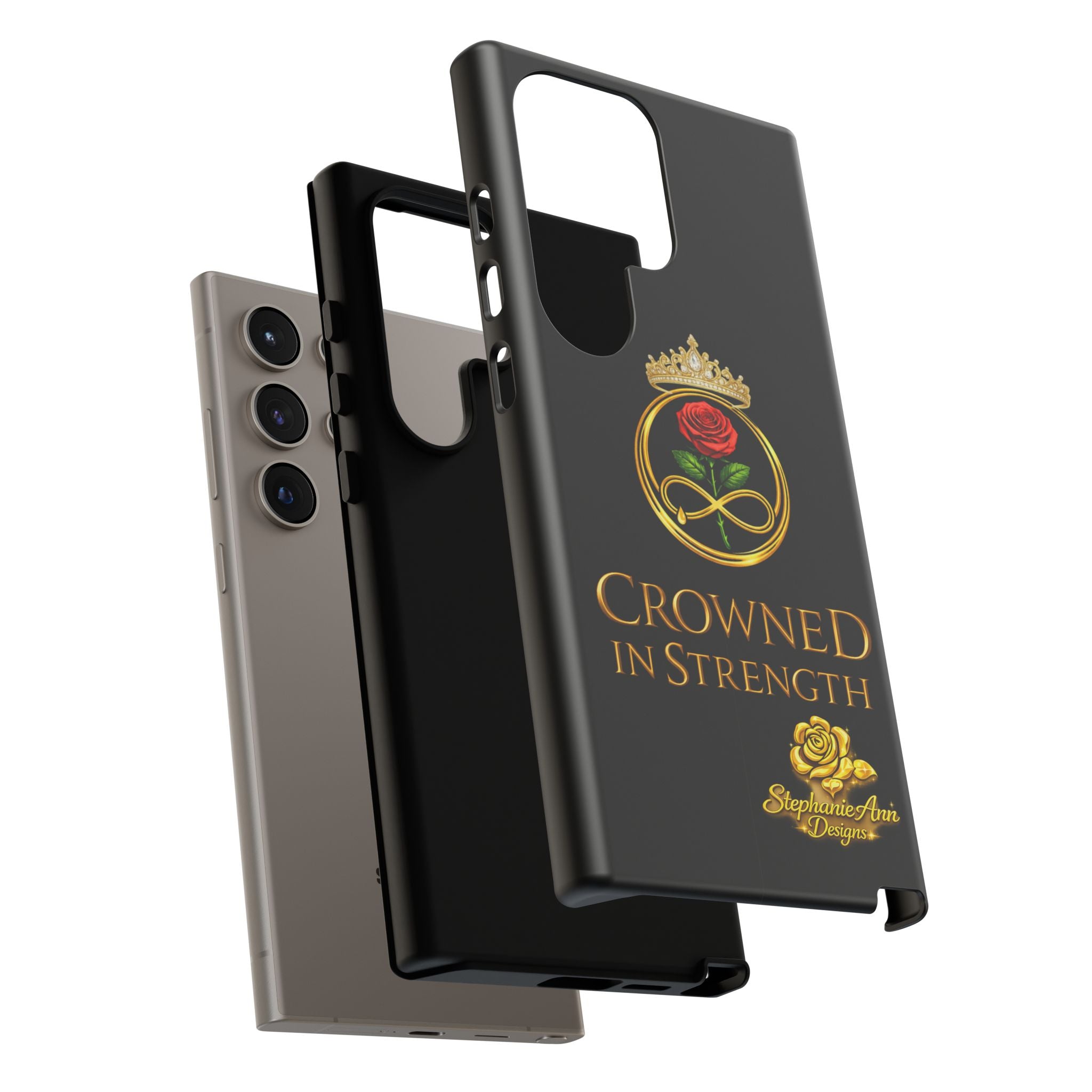 ' A Rose Crowned in Strength Phone Case Rose golden  — Protective Black Case with Rose & Crown Empowerment Design