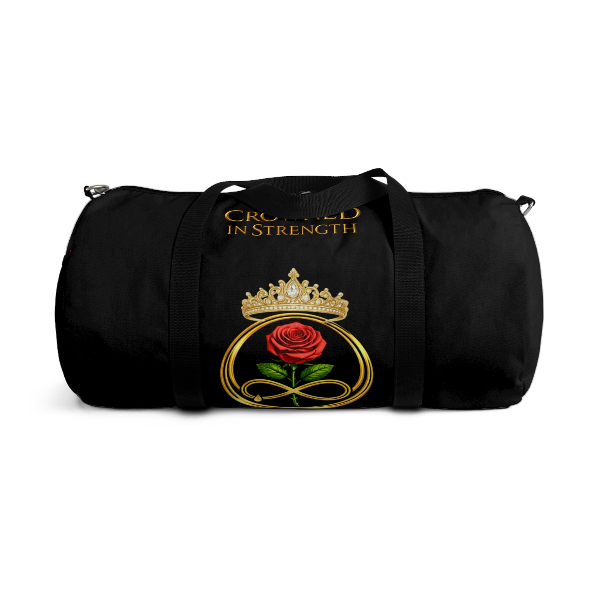 'A Rose Crowned in Strength Golden circle Infinity Of Red Rose Life Duffel Bag — Inspirational Rose & Infinity Travel Gym Bag