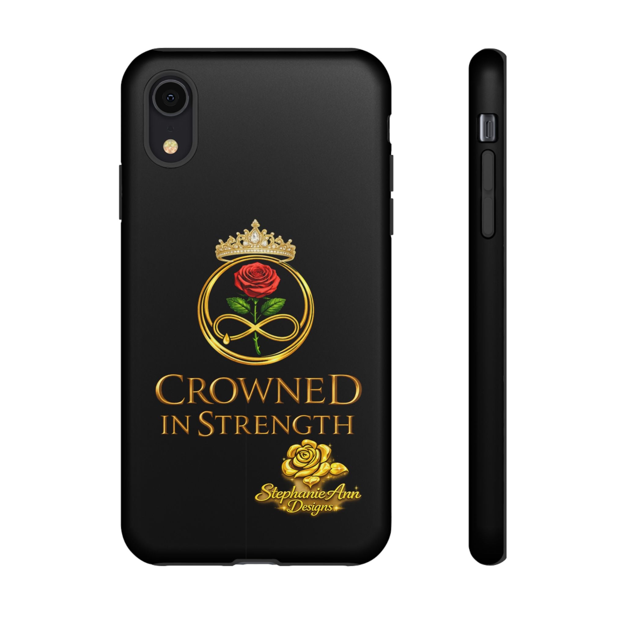 ' A Rose Crowned in Strength Phone Case Rose golden  — Protective Black Case with Rose & Crown Empowerment Design