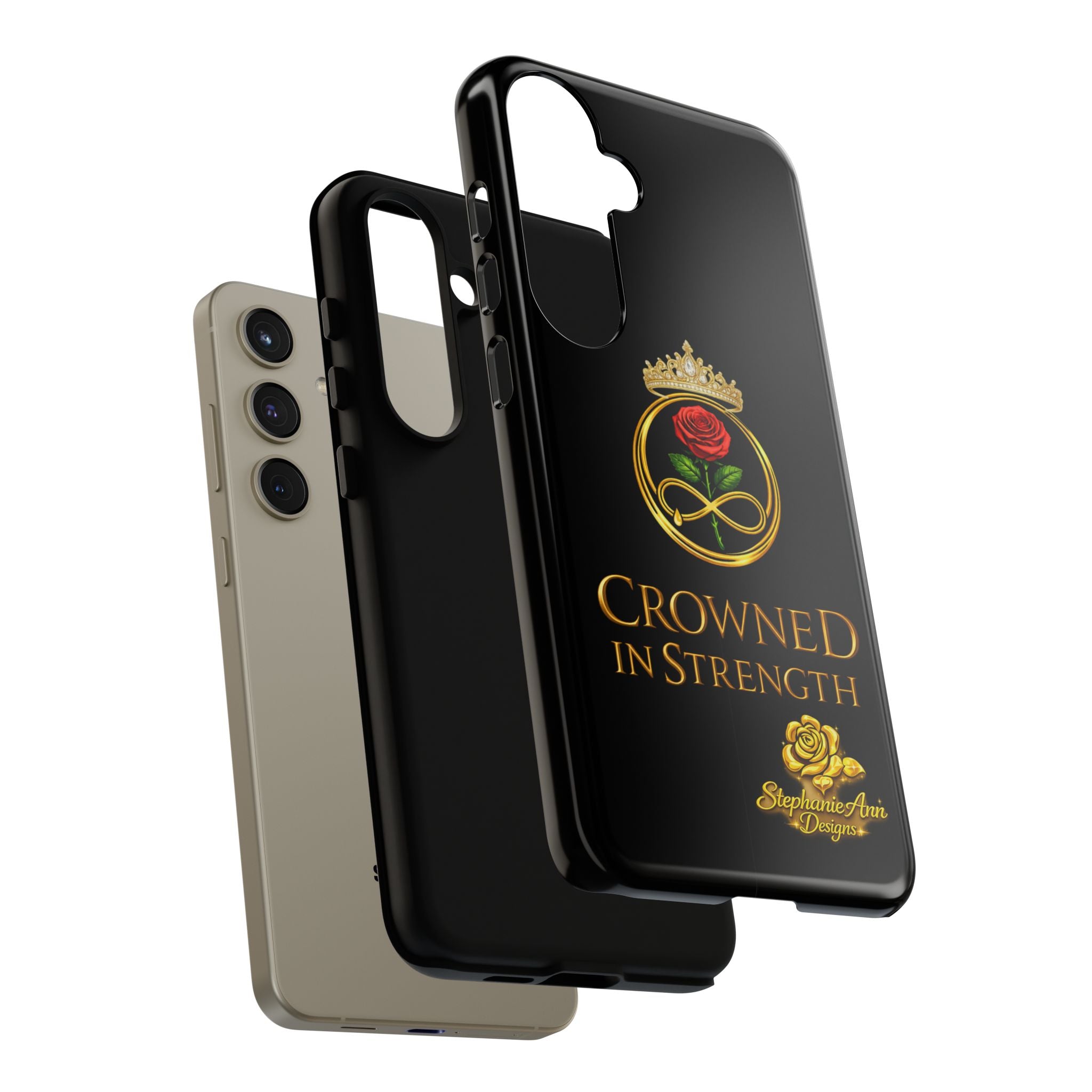 ' A Rose Crowned in Strength Phone Case Rose golden  — Protective Black Case with Rose & Crown Empowerment Design