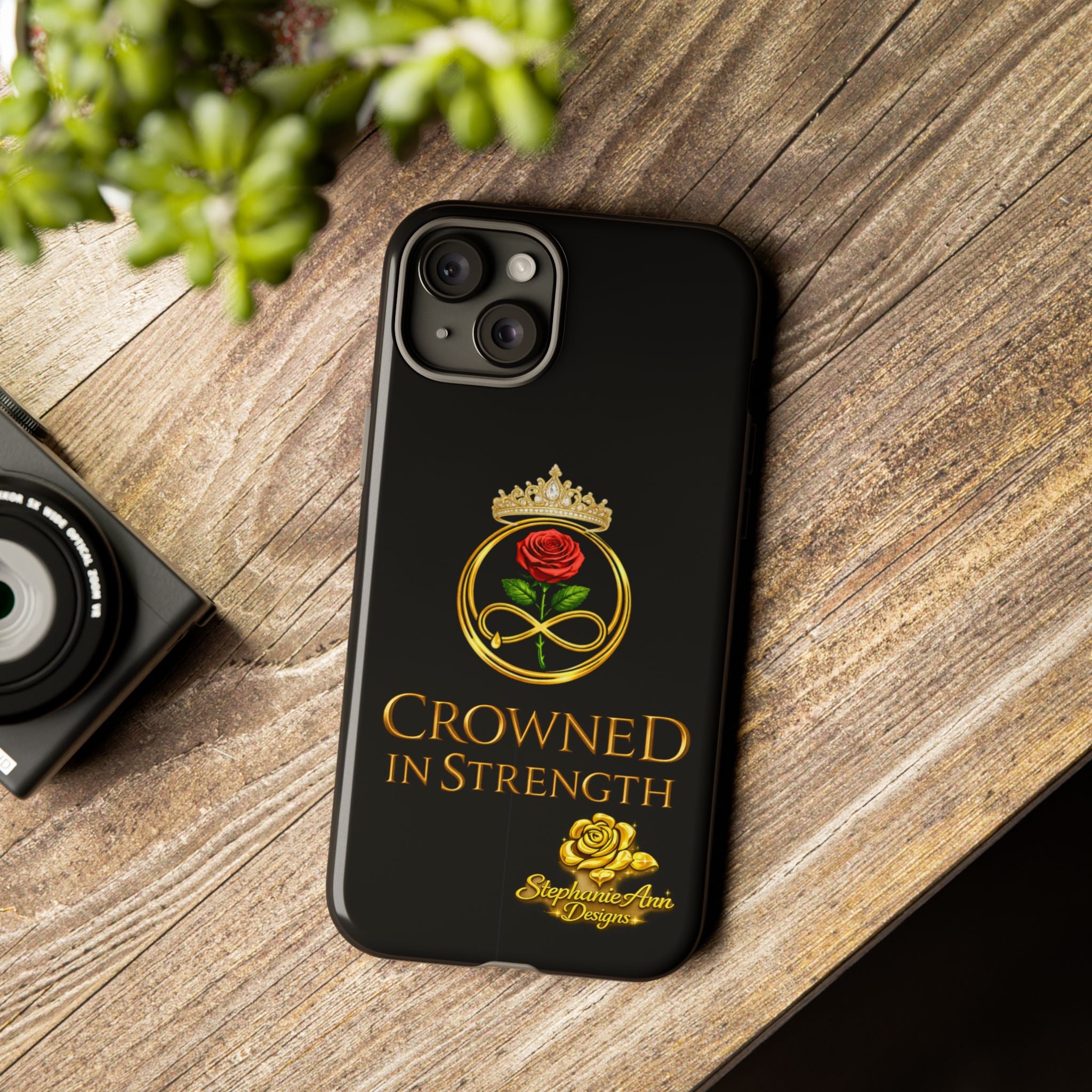 ' A Rose Crowned in Strength Phone Case Rose golden  — Protective Black Case with Rose & Crown Empowerment Design