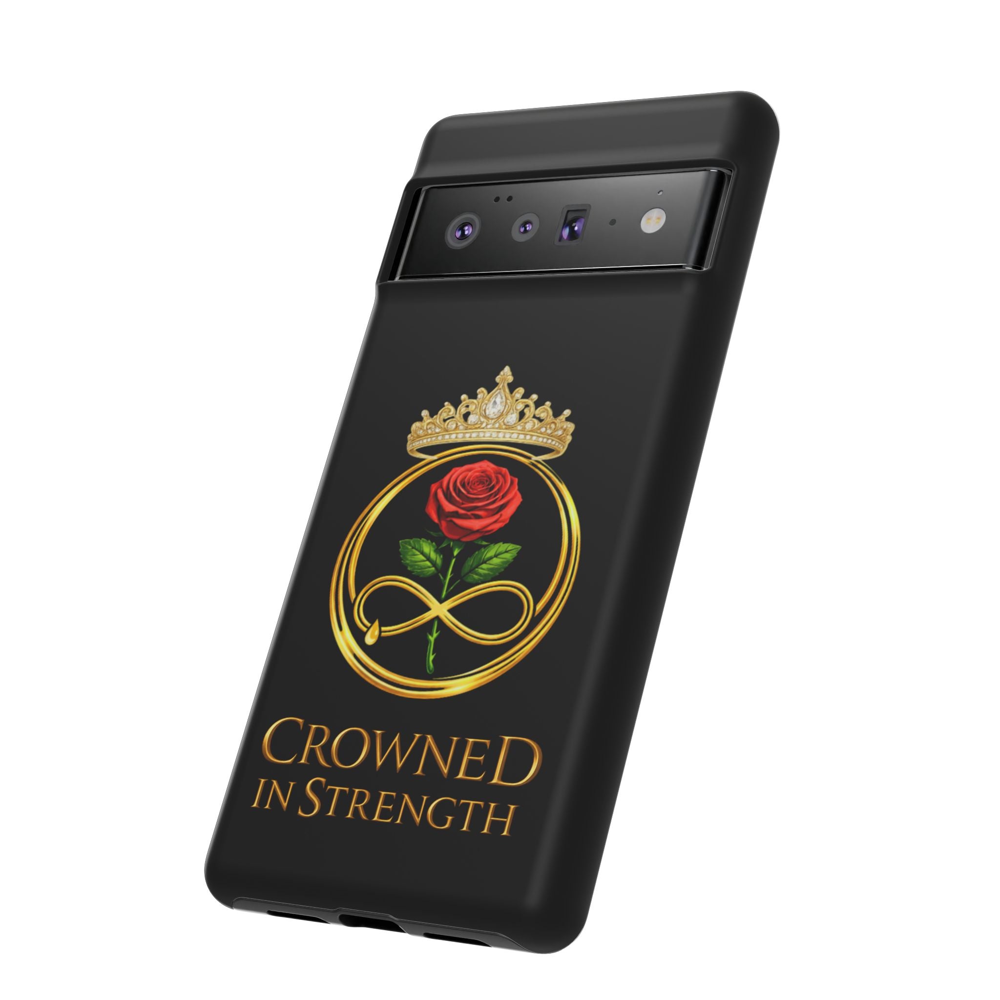 'A Rose Crowned in Strength Phone Case Black Rose Gold infinity