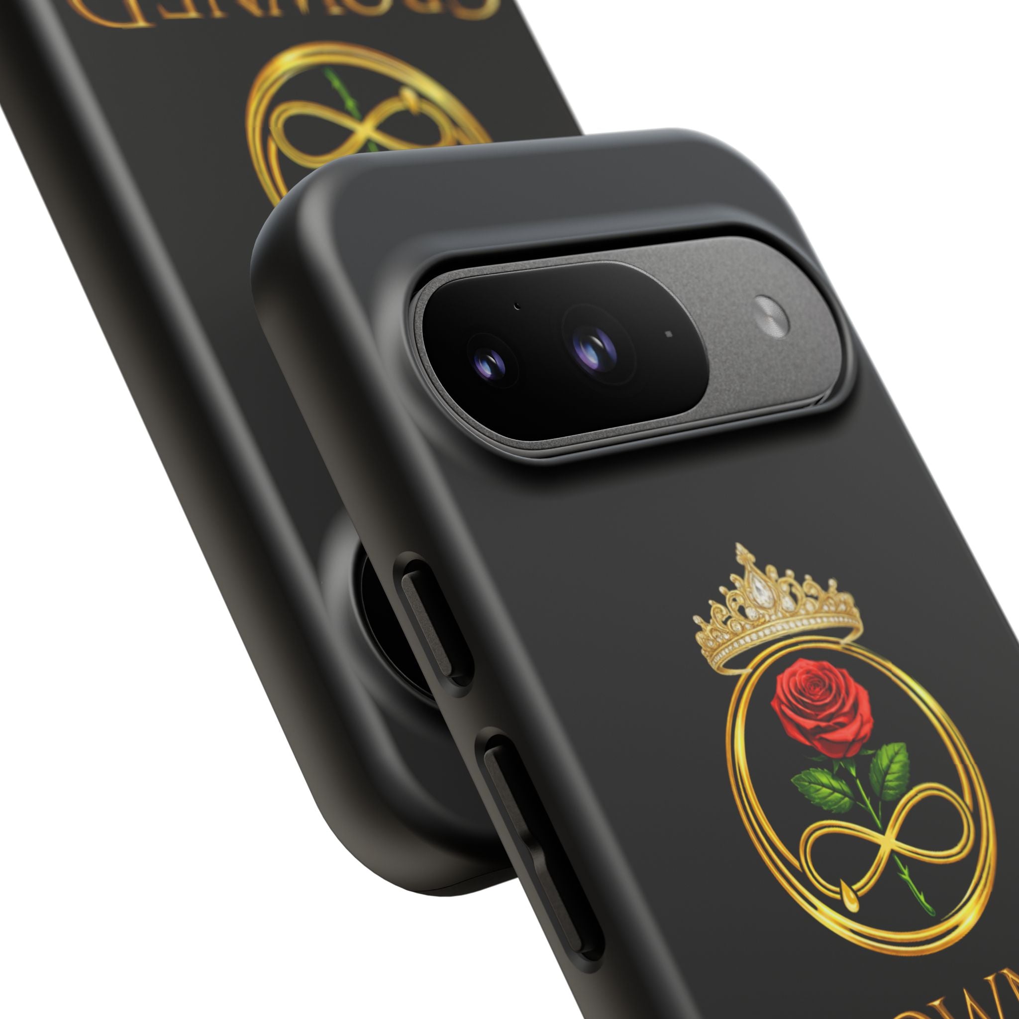 ' A Rose Crowned in Strength Phone Case Rose golden  — Protective Black Case with Rose & Crown Empowerment Design