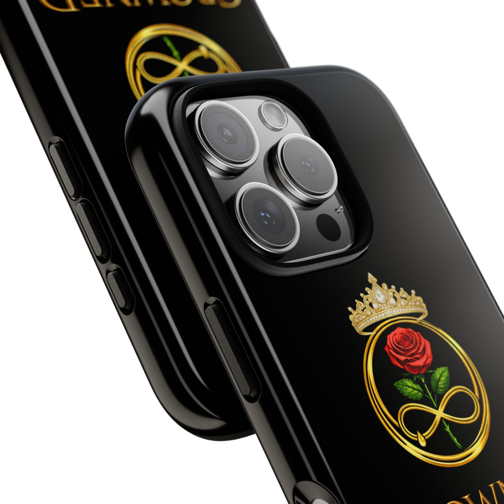 ' A Rose Crowned in Strength Phone Case Rose golden  — Protective Black Case with Rose & Crown Empowerment Design