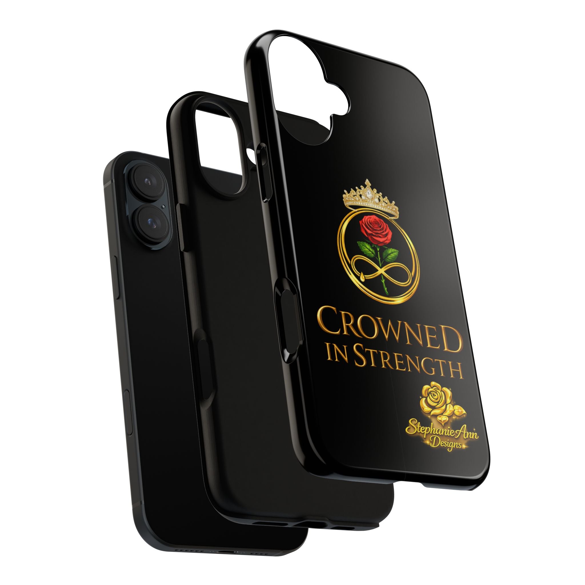 ' A Rose Crowned in Strength Phone Case Rose golden  — Protective Black Case with Rose & Crown Empowerment Design