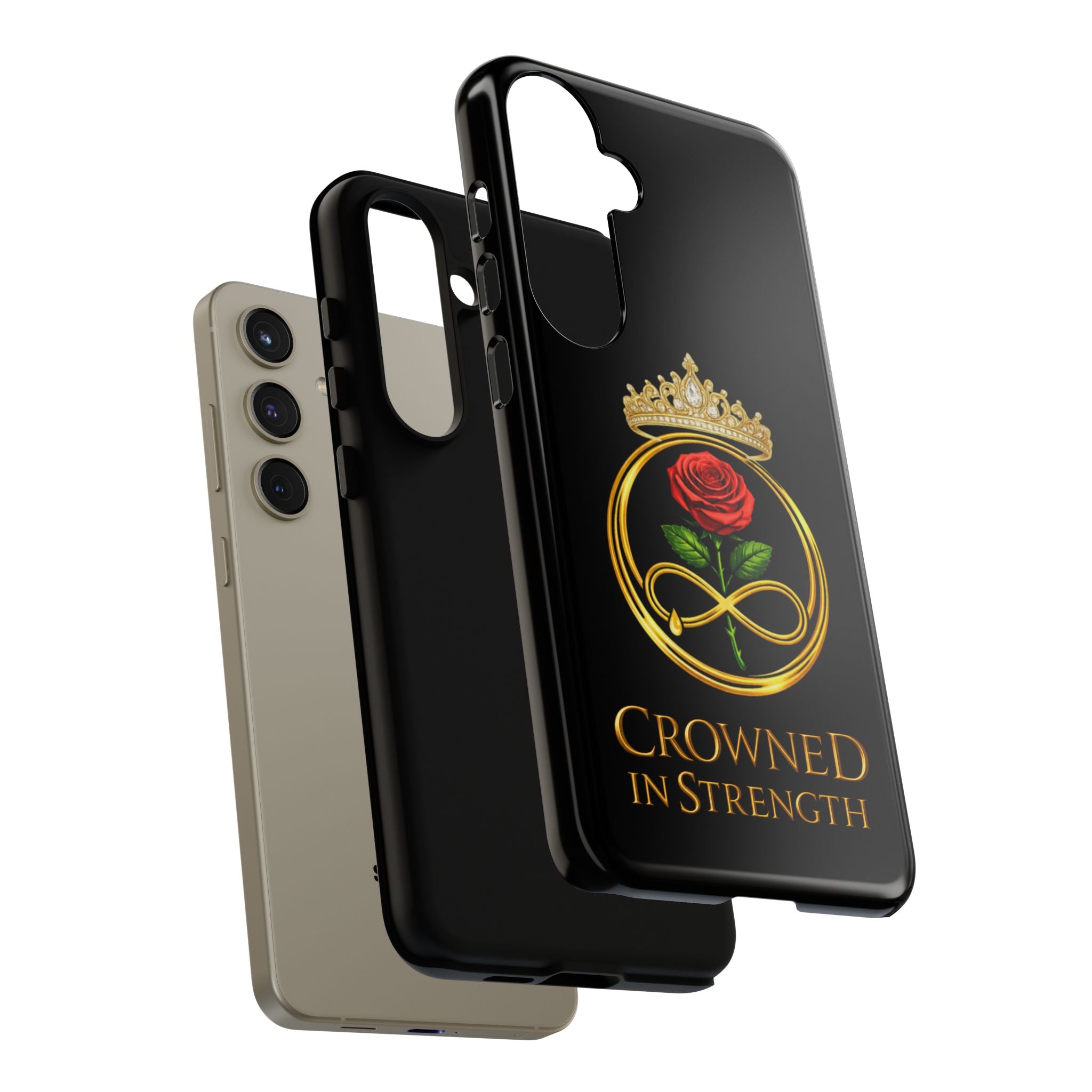 'A Rose Crowned in Strength Phone Case Black Rose Gold infinity