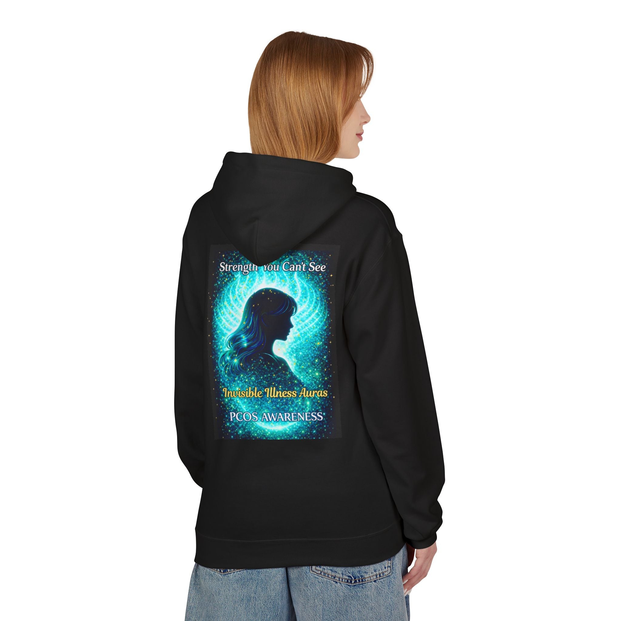 PCOS Awareness AURA TEAL GOLD Hoodie — "Strength You Can't See" Silhouette Design