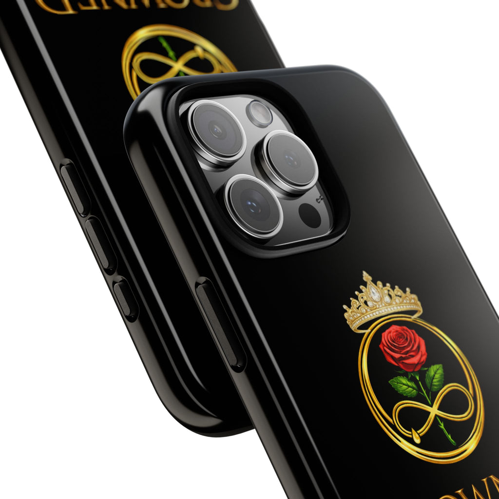 ' A Rose Crowned in Strength Phone Case Rose golden  — Protective Black Case with Rose & Crown Empowerment Design