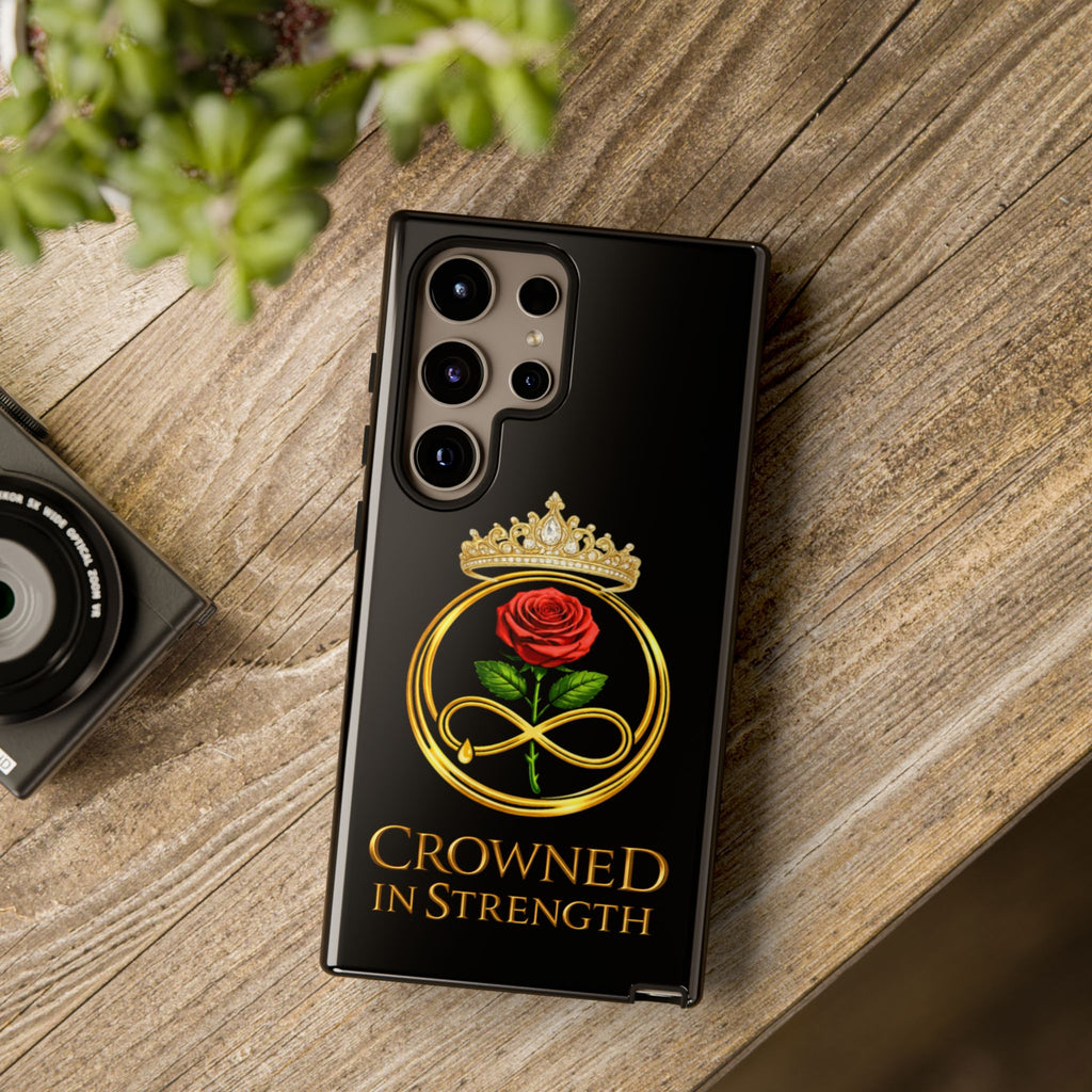'A Rose Crowned in Strength Phone Case Black Rose Gold infinity