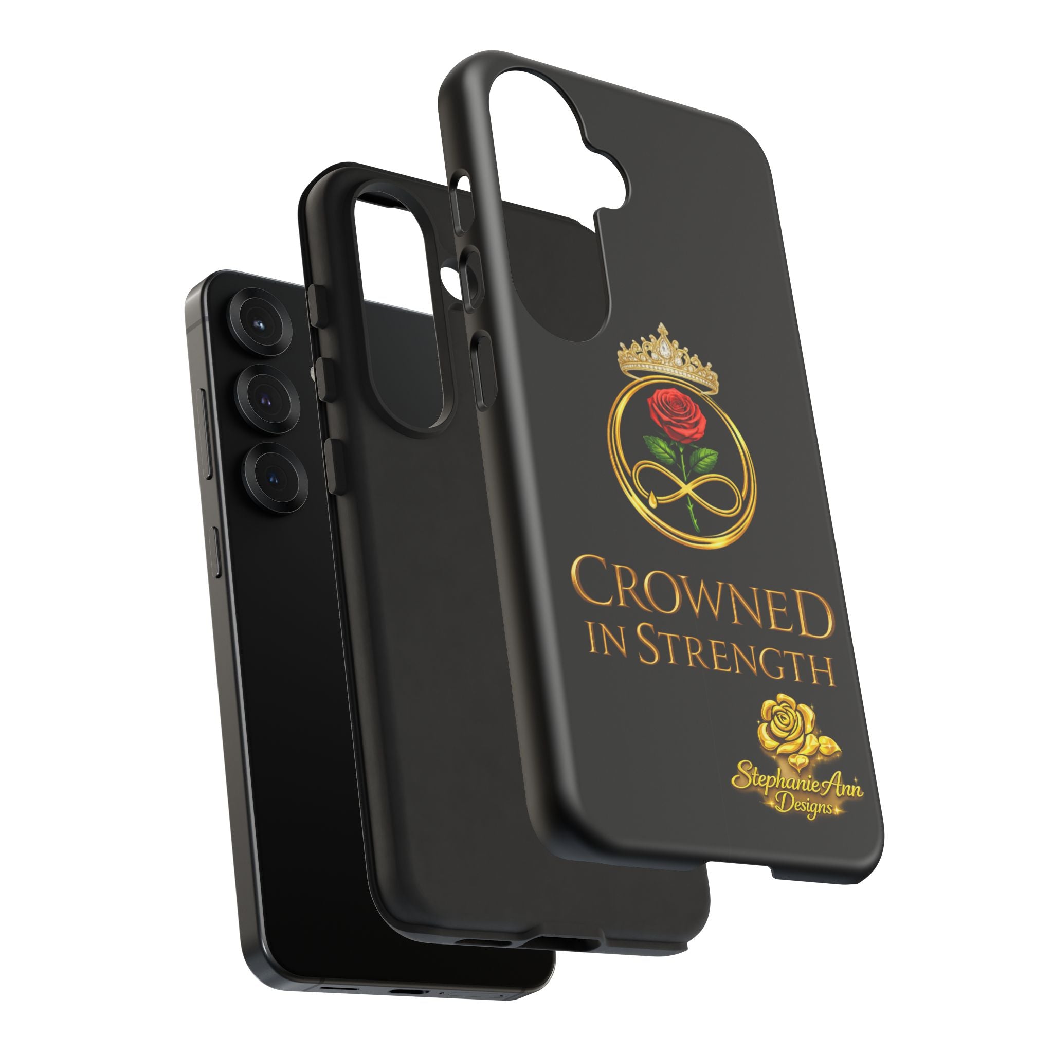 ' A Rose Crowned in Strength Phone Case Rose golden  — Protective Black Case with Rose & Crown Empowerment Design
