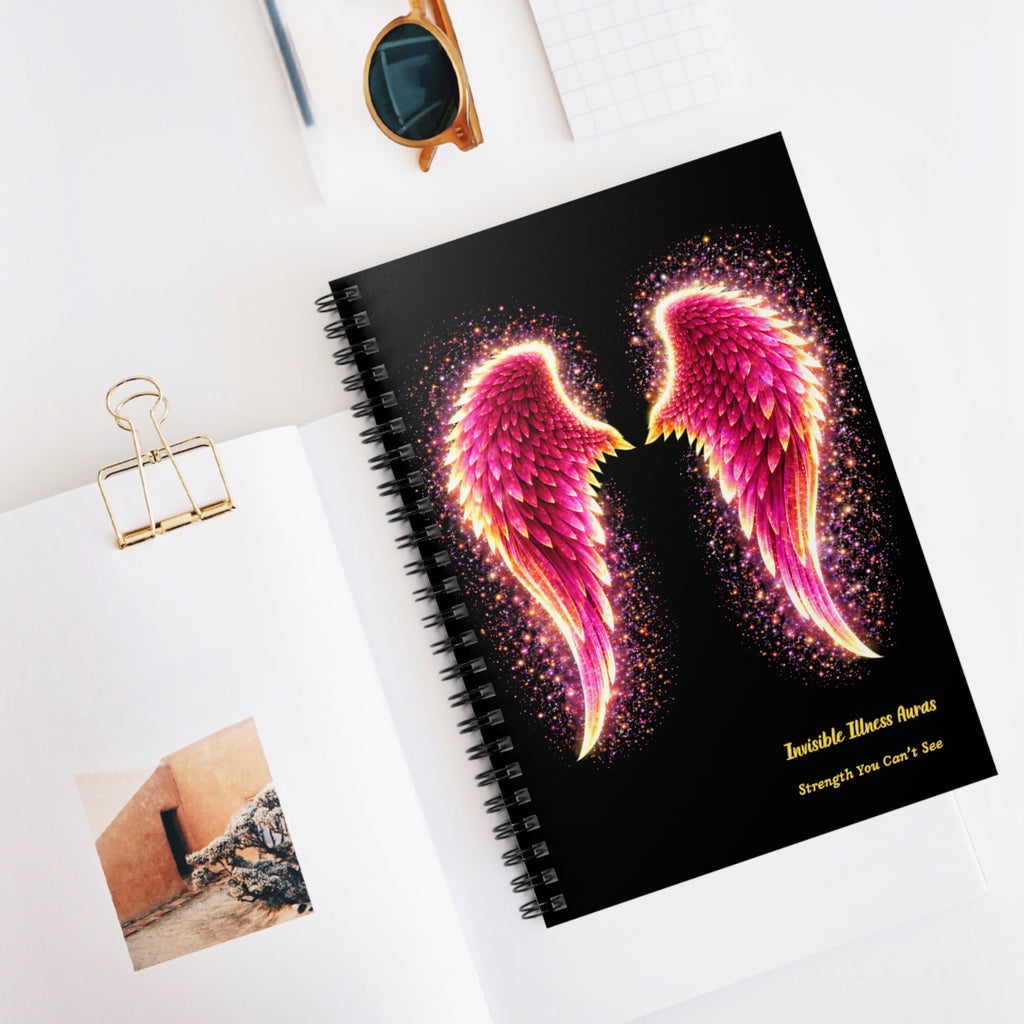 Rose gold Aura angel wings Invisible Illness auras Spiral Notebook — Pink Angel Wings "Invisible Illness Aware" Ruled Journal