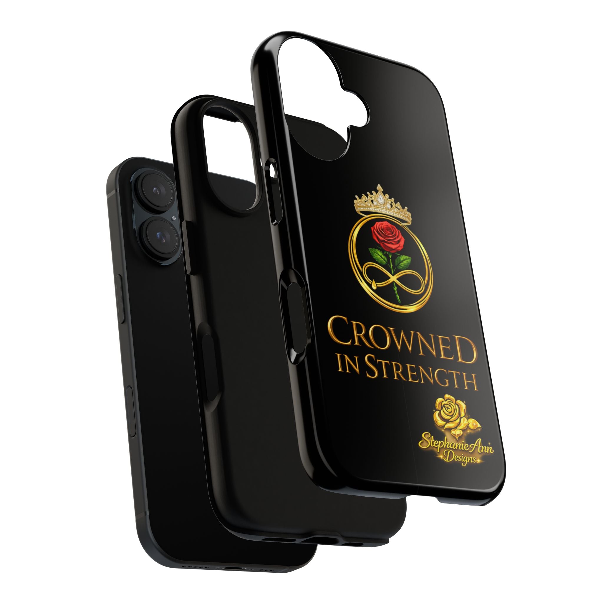 ' A Rose Crowned in Strength Phone Case Rose golden  — Protective Black Case with Rose & Crown Empowerment Design