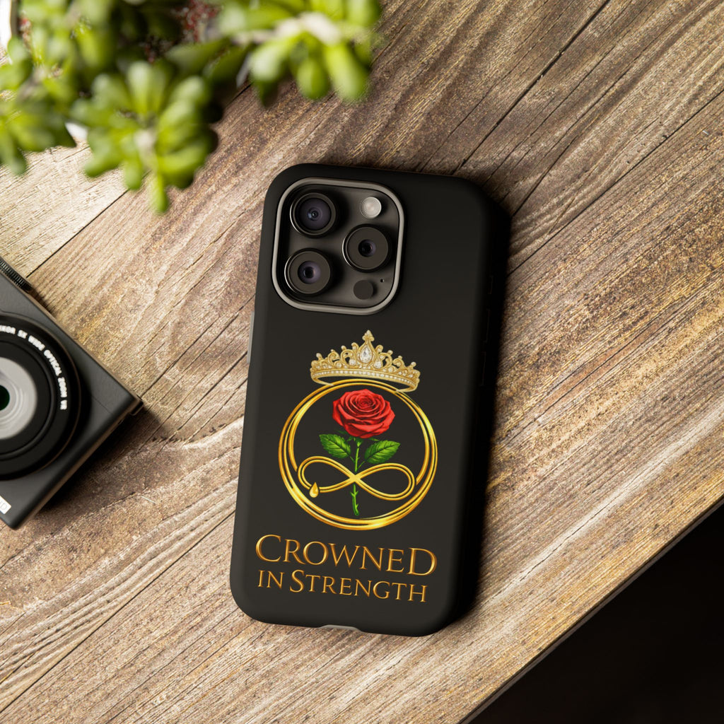 'A Rose Crowned in Strength Phone Case Black Rose Gold infinity