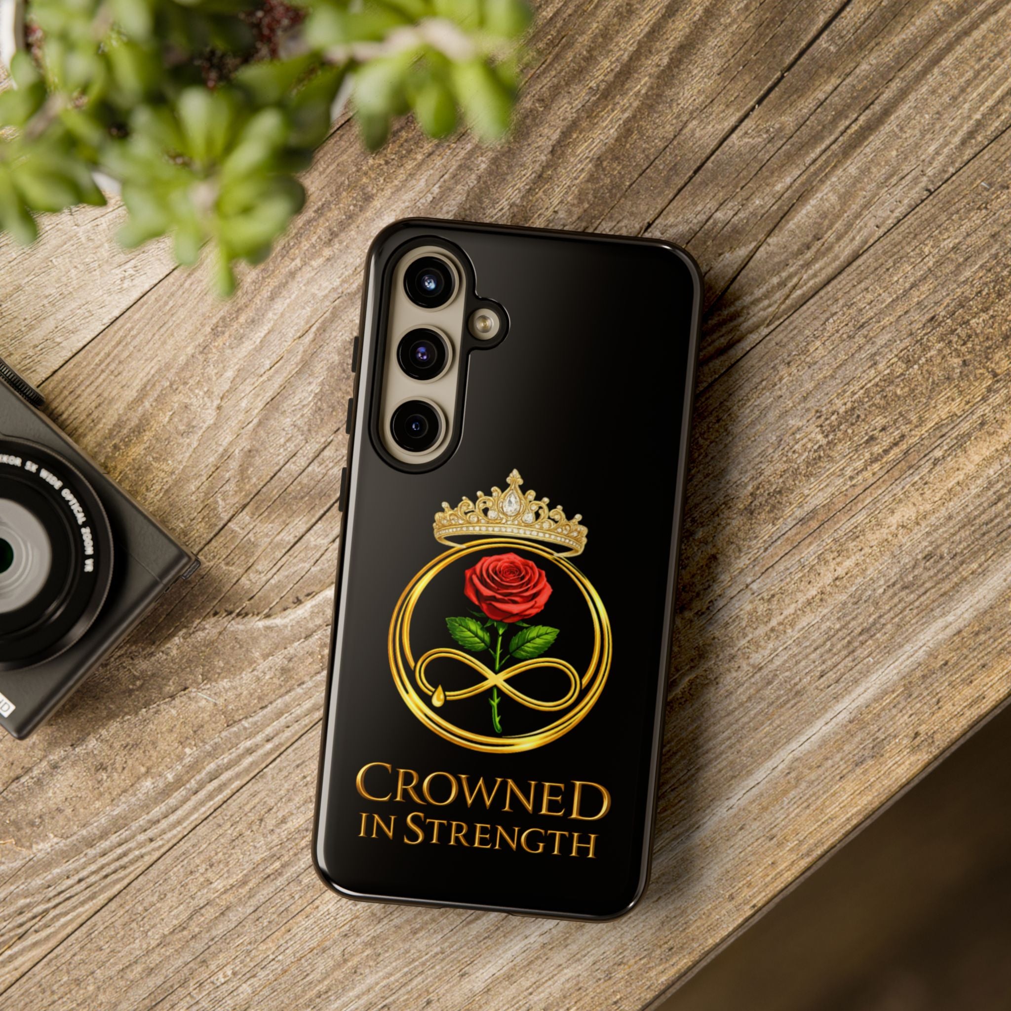 'A Rose Crowned in Strength Phone Case Black Rose Gold infinity