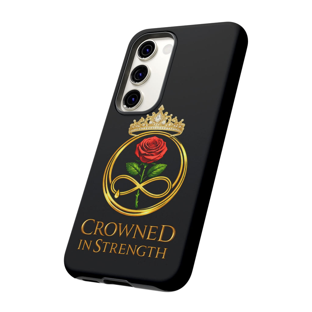 'A Rose Crowned in Strength Phone Case Black Rose Gold infinity