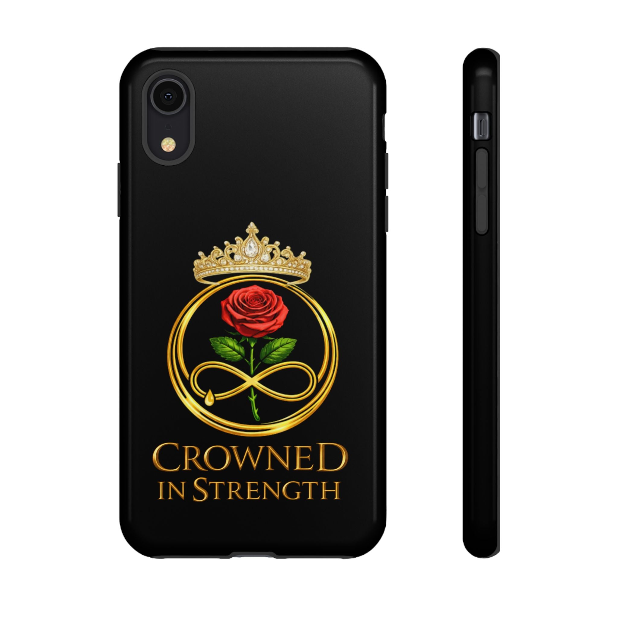 'A Rose Crowned in Strength Phone Case Black Rose Gold infinity