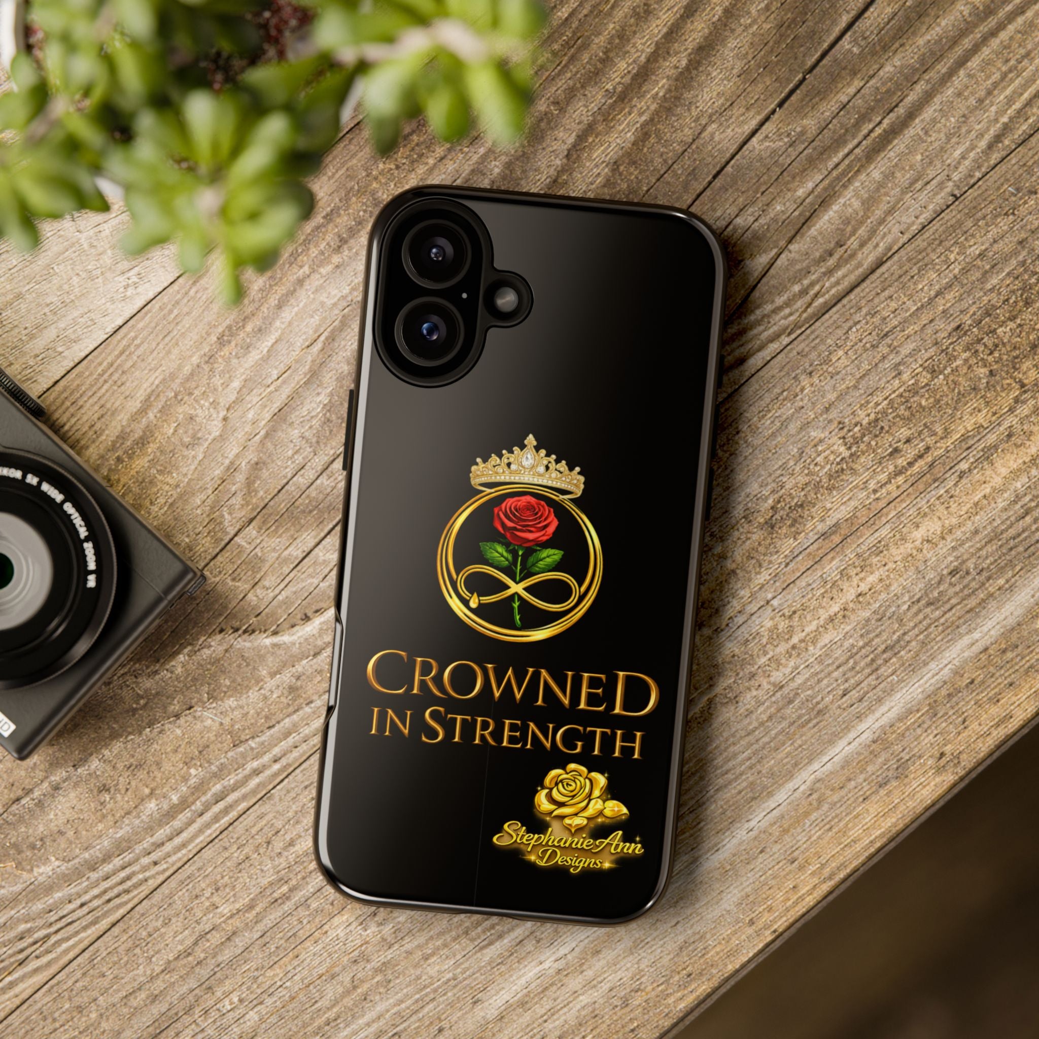 ' A Rose Crowned in Strength Phone Case Rose golden  — Protective Black Case with Rose & Crown Empowerment Design