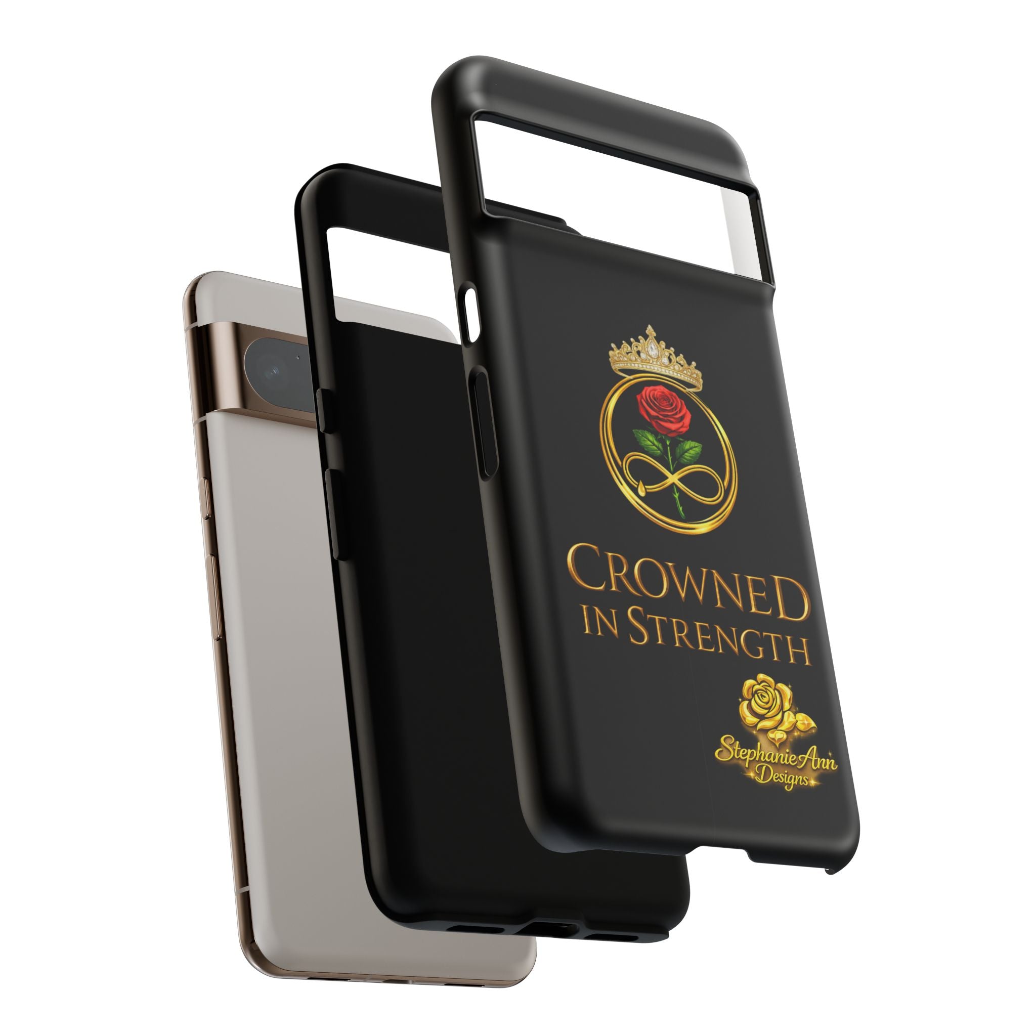 ' A Rose Crowned in Strength Phone Case Rose golden  — Protective Black Case with Rose & Crown Empowerment Design