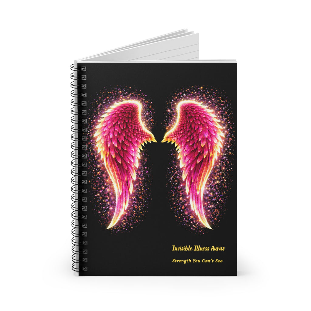Rose gold Aura angel wings Invisible Illness auras Spiral Notebook — Pink Angel Wings "Invisible Illness Aware" Ruled Journal