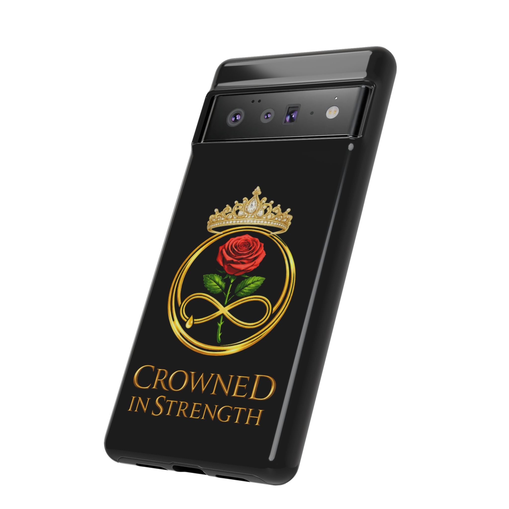 'A Rose Crowned in Strength Phone Case Black Rose Gold infinity