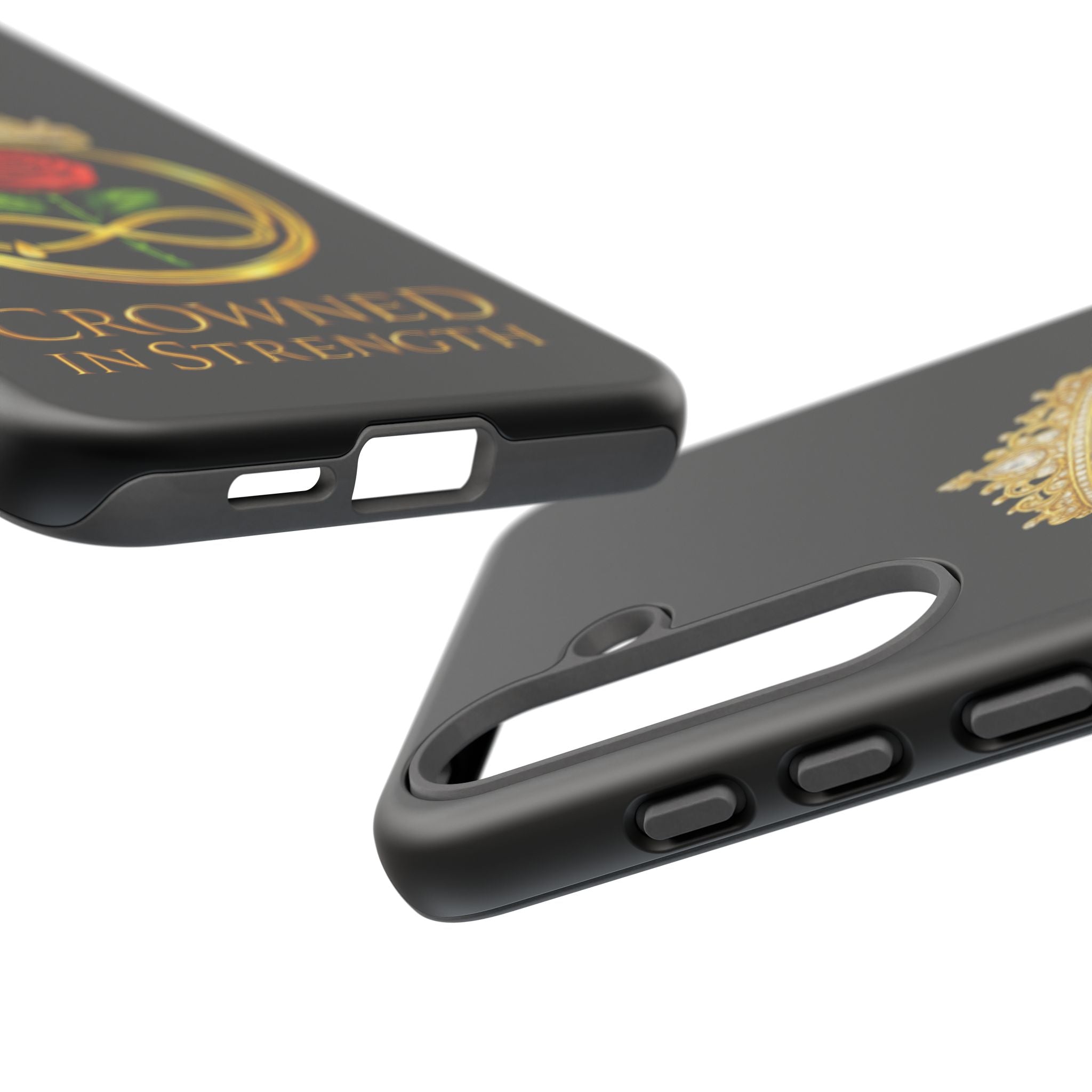 'A Rose Crowned in Strength Phone Case Black Rose Gold infinity