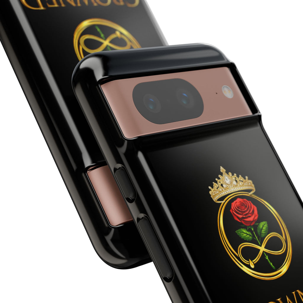 ' A Rose Crowned in Strength Phone Case Rose golden  — Protective Black Case with Rose & Crown Empowerment Design