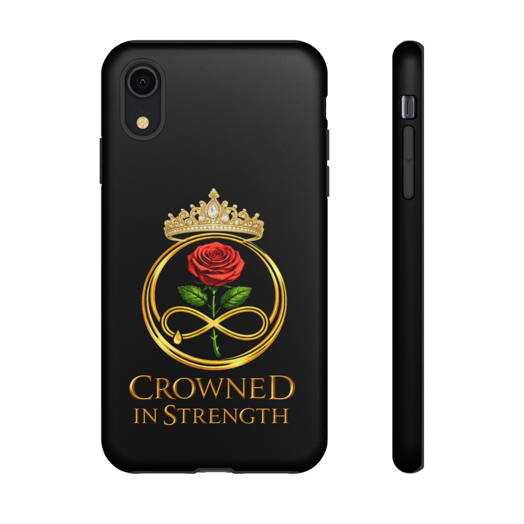'A Rose Crowned in Strength Phone Case Black Rose Gold infinity