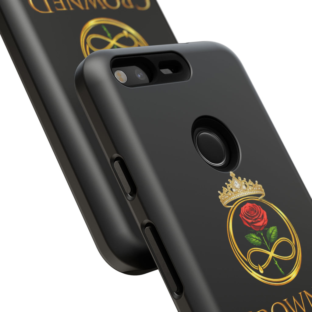 ' A Rose Crowned in Strength Phone Case Rose golden  — Protective Black Case with Rose & Crown Empowerment Design