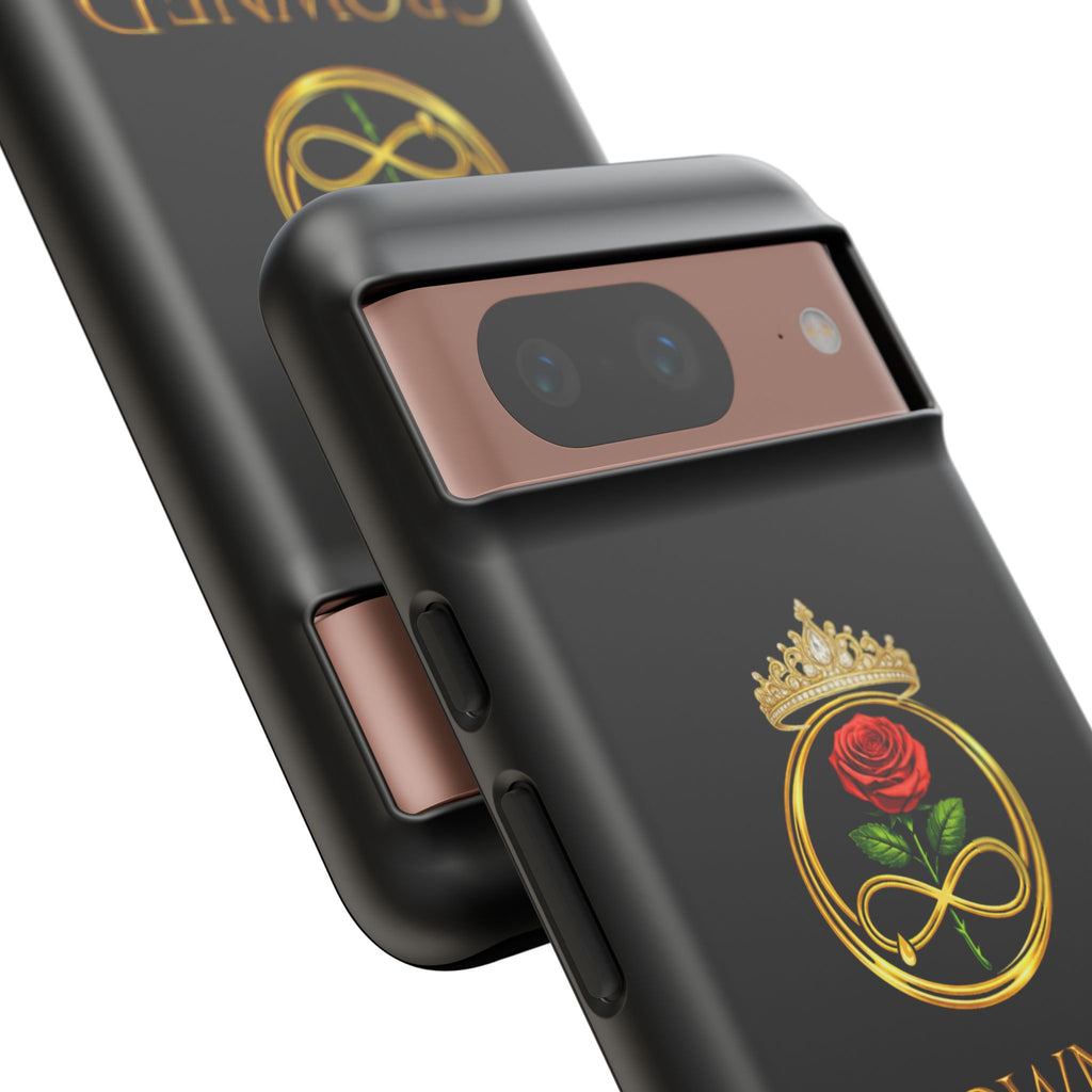 ' A Rose Crowned in Strength Phone Case Rose golden  — Protective Black Case with Rose & Crown Empowerment Design