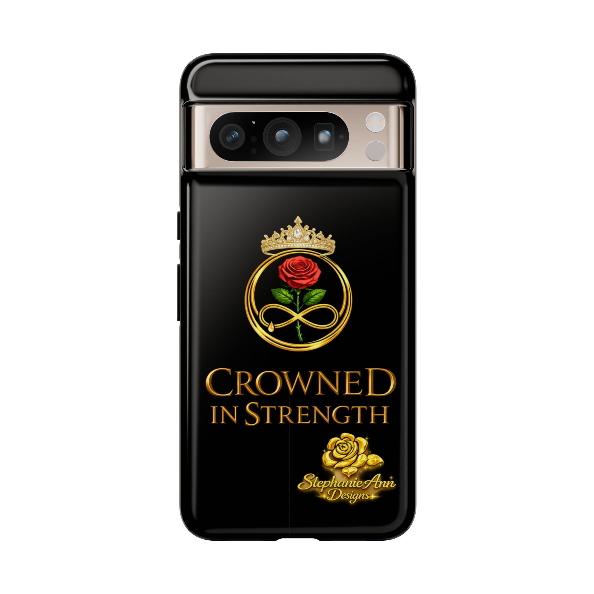 ' A Rose Crowned in Strength Phone Case Rose golden  — Protective Black Case with Rose & Crown Empowerment Design