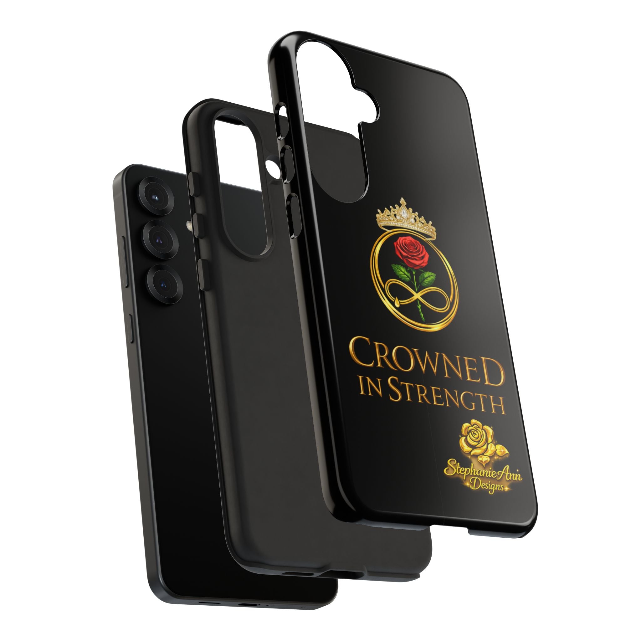 ' A Rose Crowned in Strength Phone Case Rose golden  — Protective Black Case with Rose & Crown Empowerment Design