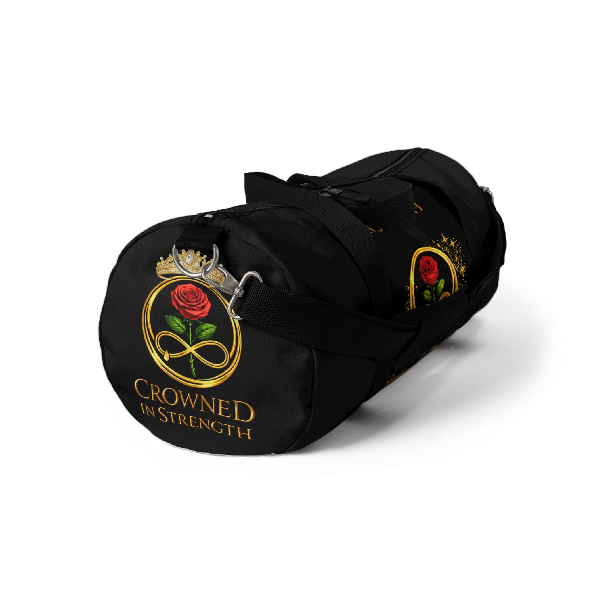 'A Rose Crowned in Strength Golden circle Infinity Of Red Rose Life Duffel Bag — Inspirational Rose & Infinity Travel Gym Bag