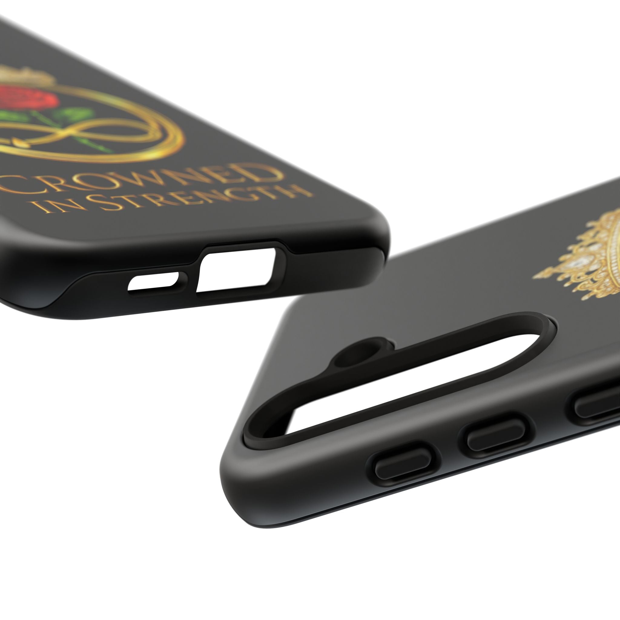 'A Rose Crowned in Strength Phone Case Black Rose Gold infinity