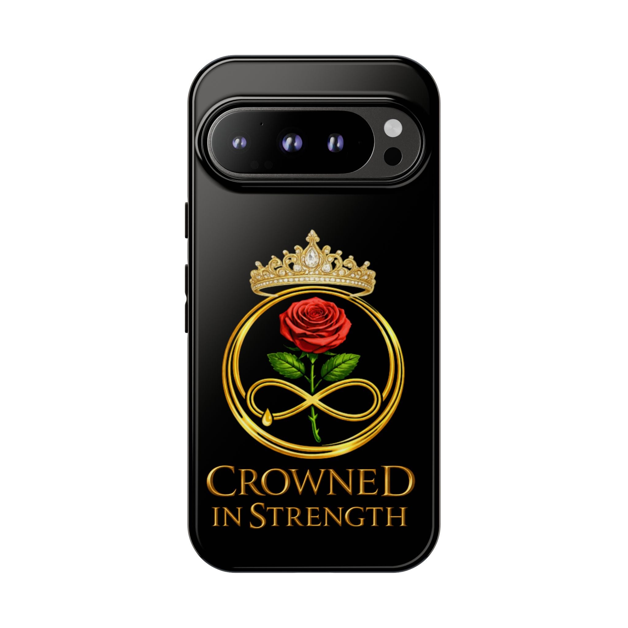 'A Rose Crowned in Strength Phone Case Black Rose Gold infinity