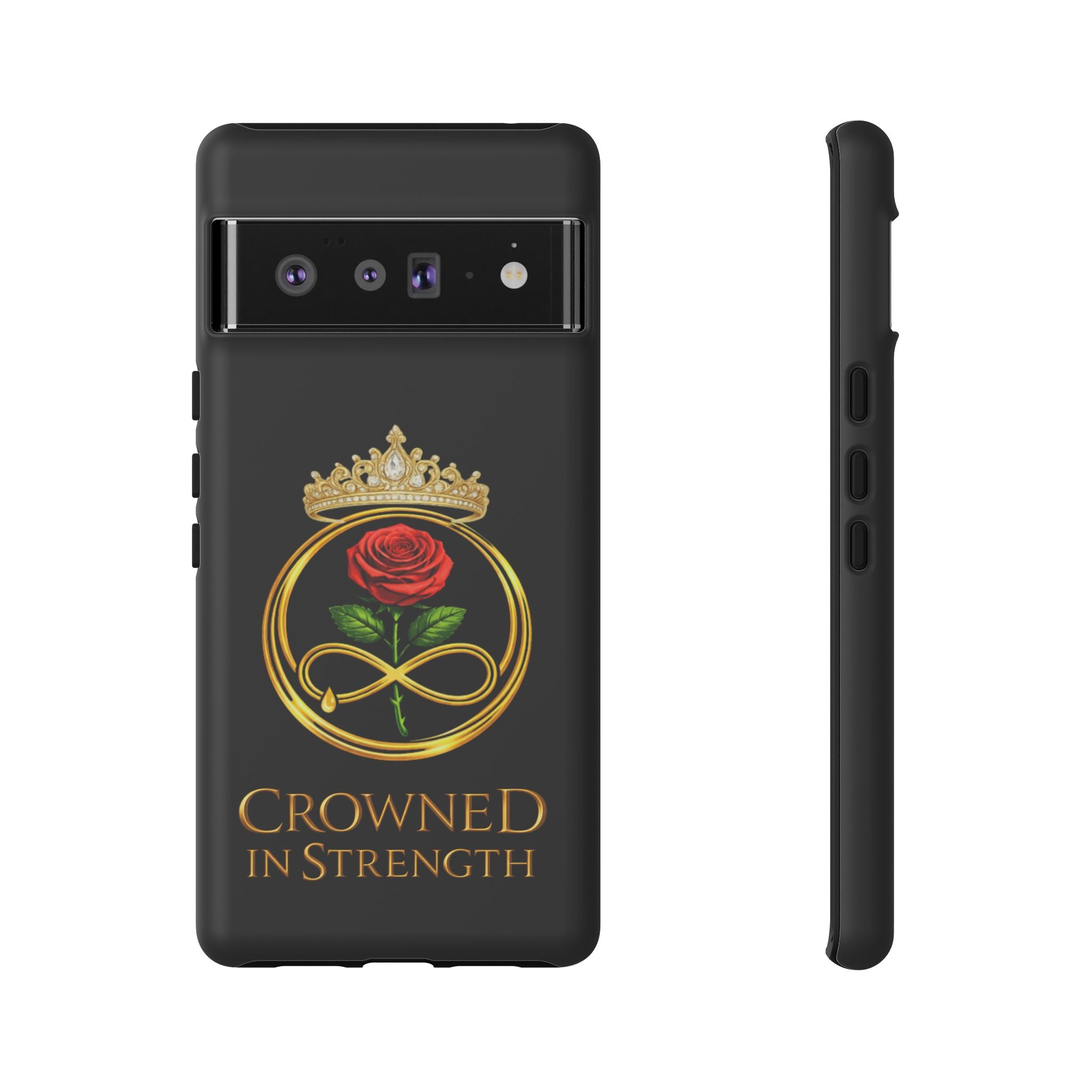 'A Rose Crowned in Strength Phone Case Black Rose Gold infinity
