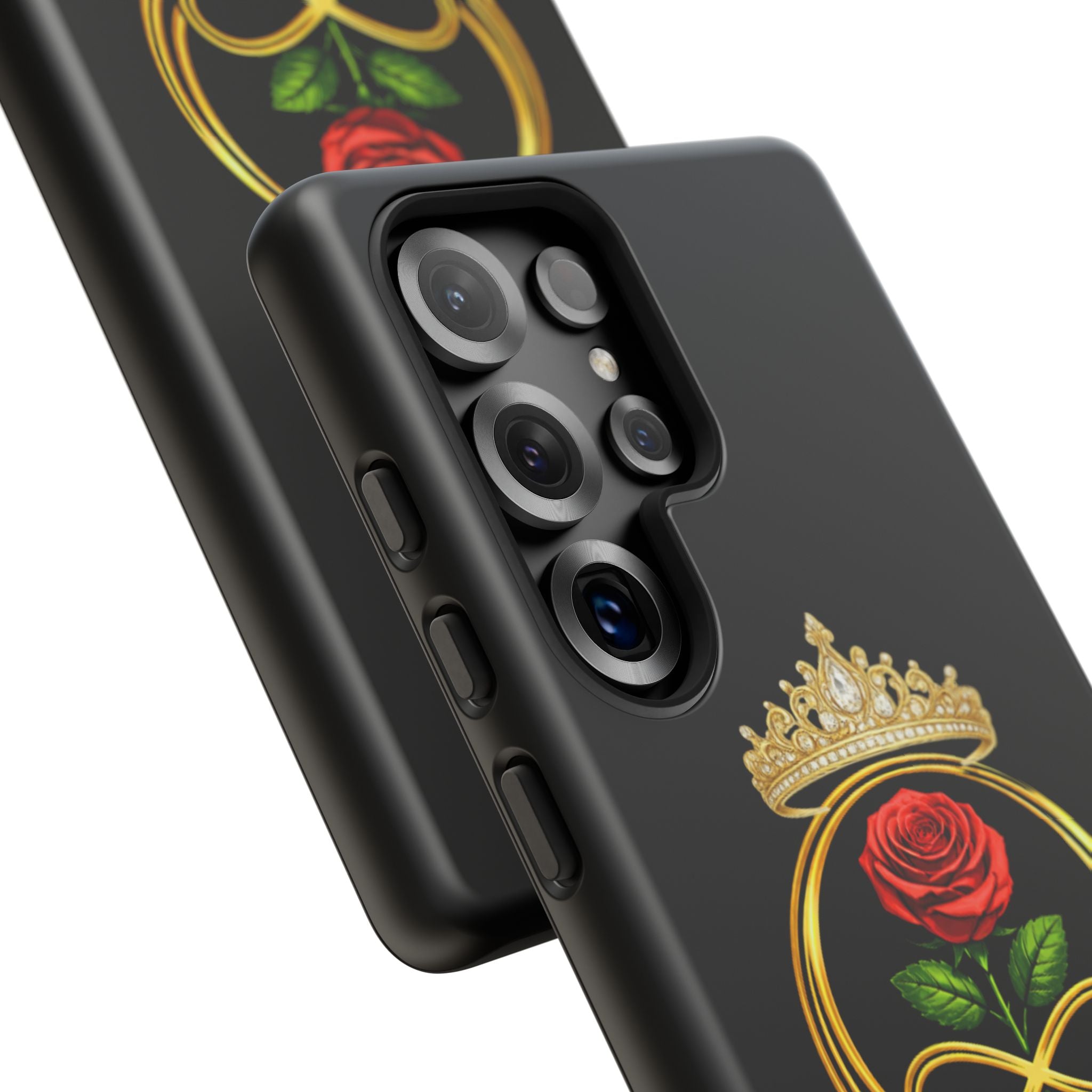 'A Rose Crowned in Strength Phone Case Black Rose Gold infinity