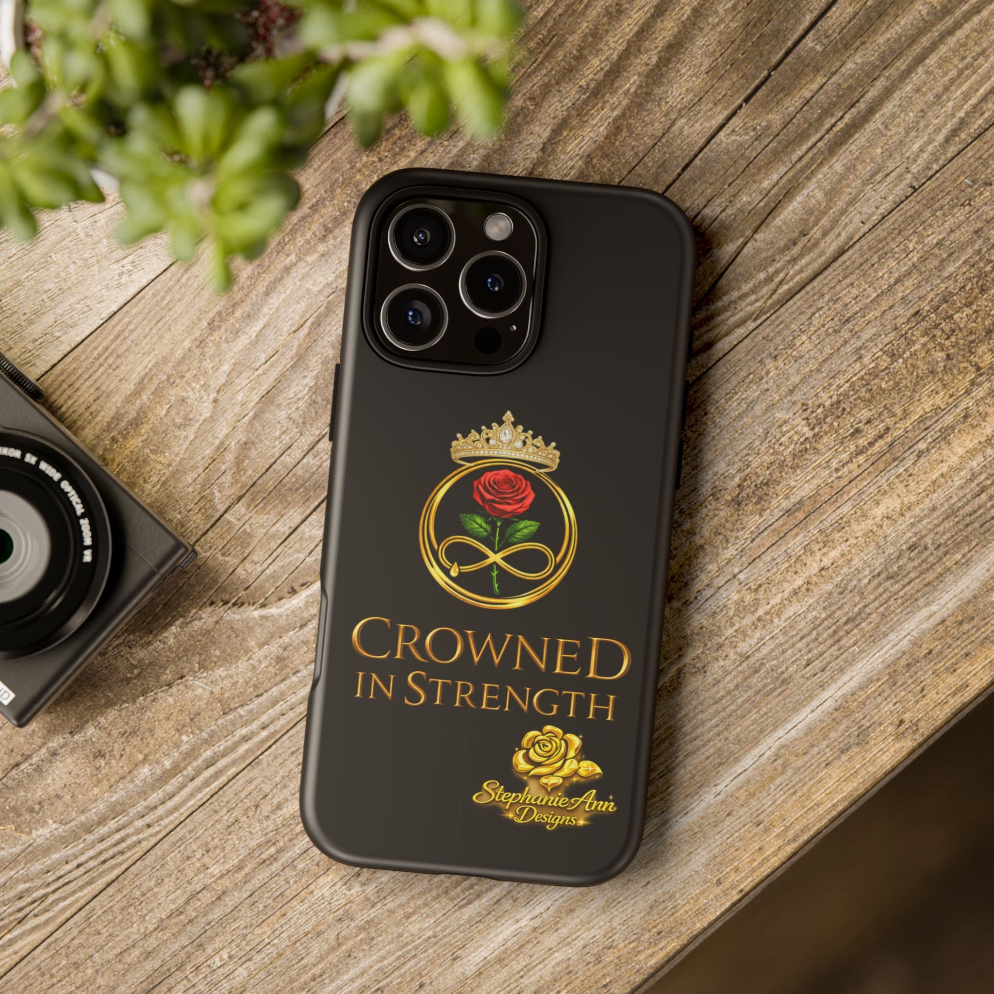 ' A Rose Crowned in Strength Phone Case Rose golden  — Protective Black Case with Rose & Crown Empowerment Design
