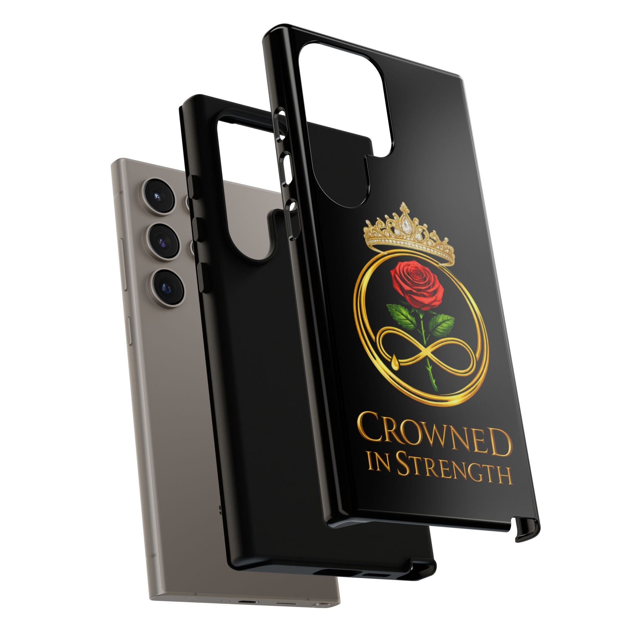 'A Rose Crowned in Strength Phone Case Black Rose Gold infinity