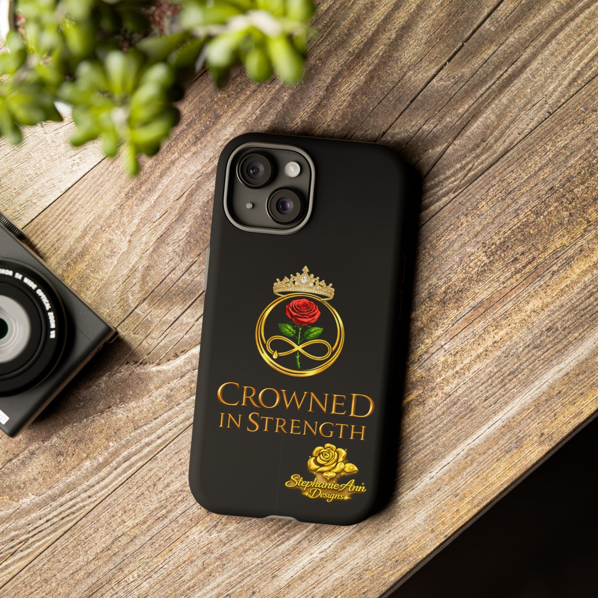 ' A Rose Crowned in Strength Phone Case Rose golden  — Protective Black Case with Rose & Crown Empowerment Design