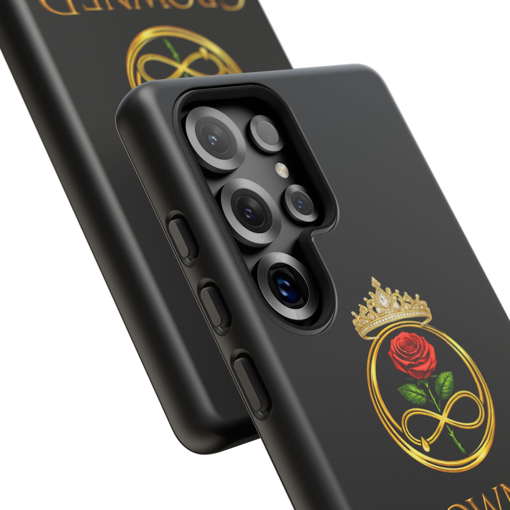 ' A Rose Crowned in Strength Phone Case Rose golden  — Protective Black Case with Rose & Crown Empowerment Design