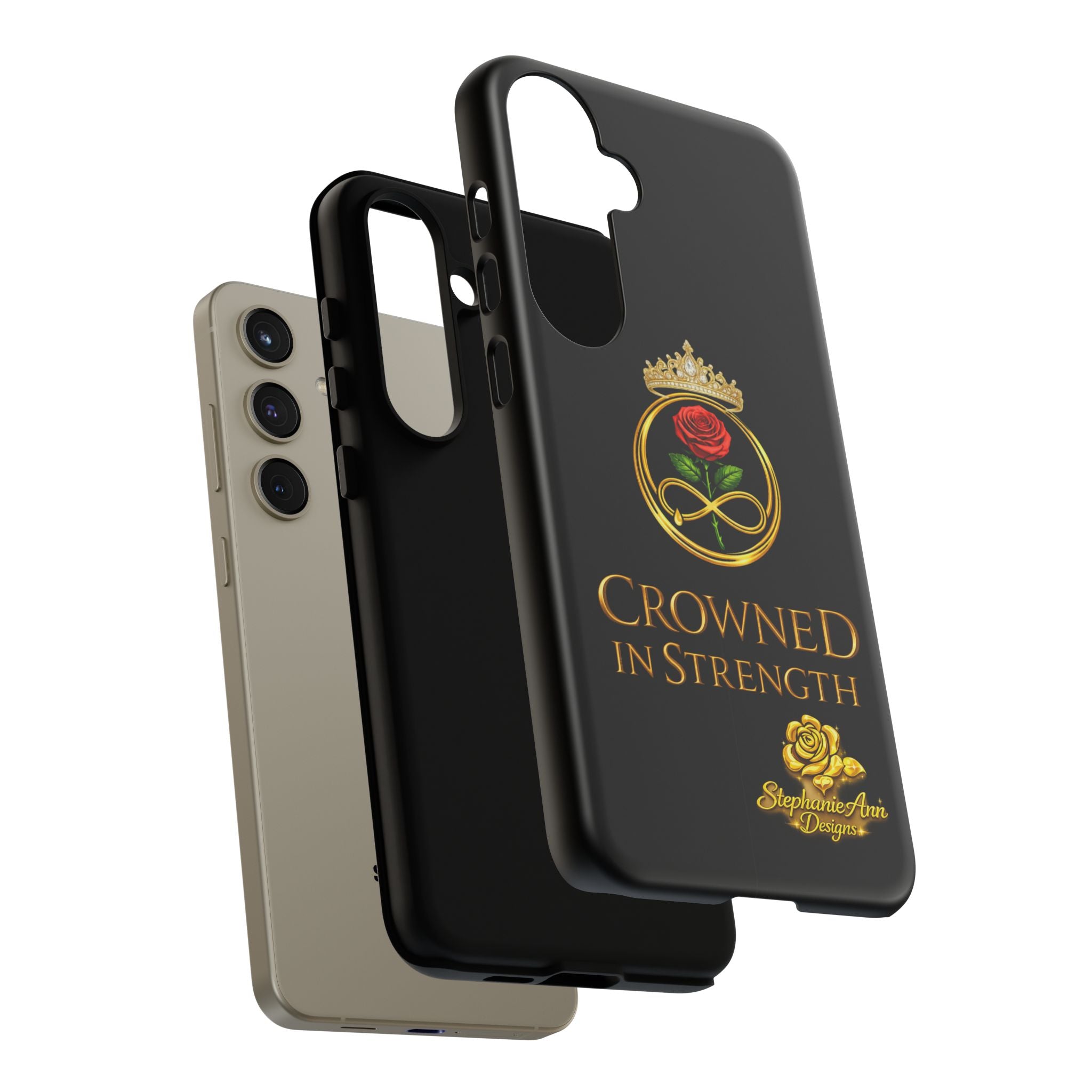 ' A Rose Crowned in Strength Phone Case Rose golden  — Protective Black Case with Rose & Crown Empowerment Design