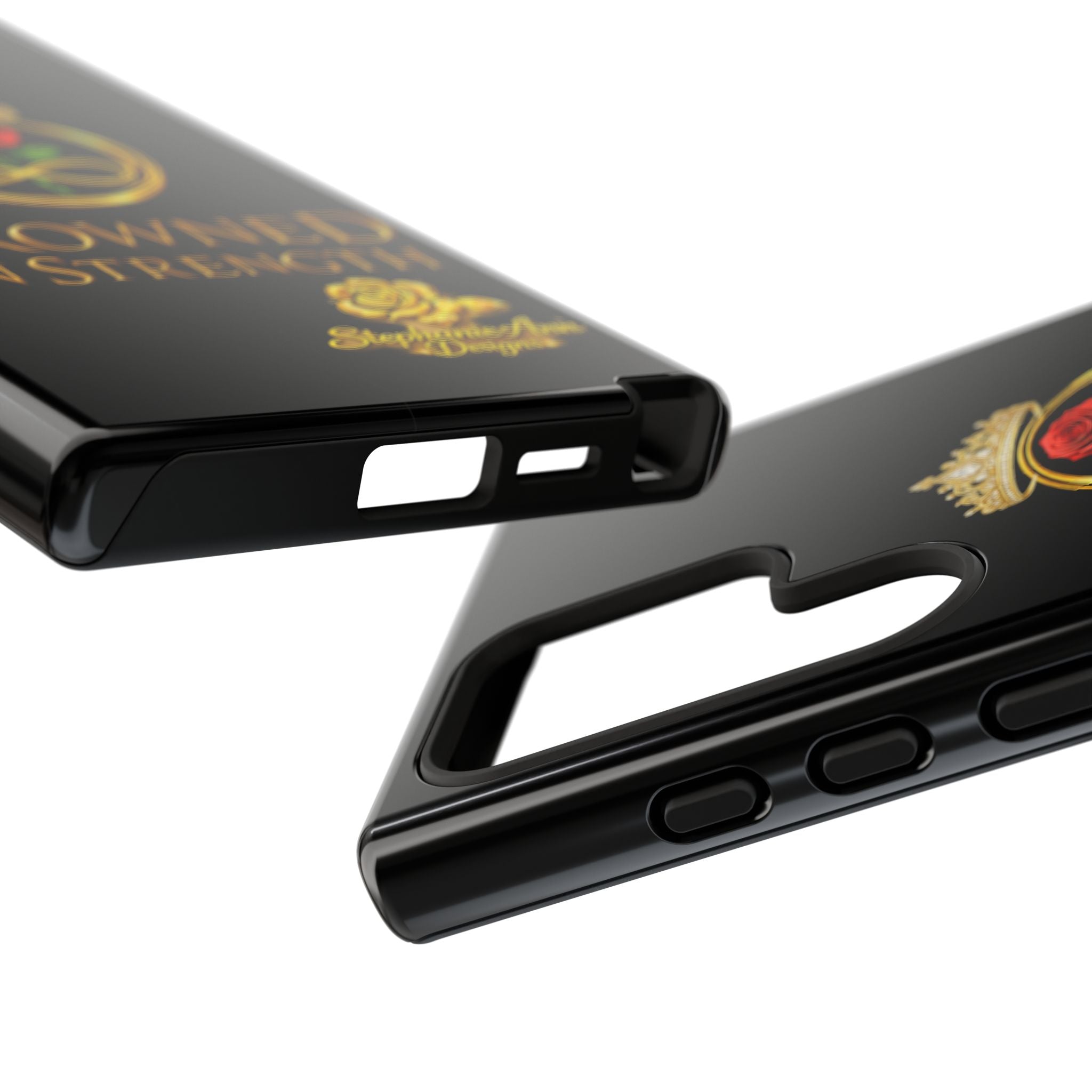 ' A Rose Crowned in Strength Phone Case Rose golden  — Protective Black Case with Rose & Crown Empowerment Design