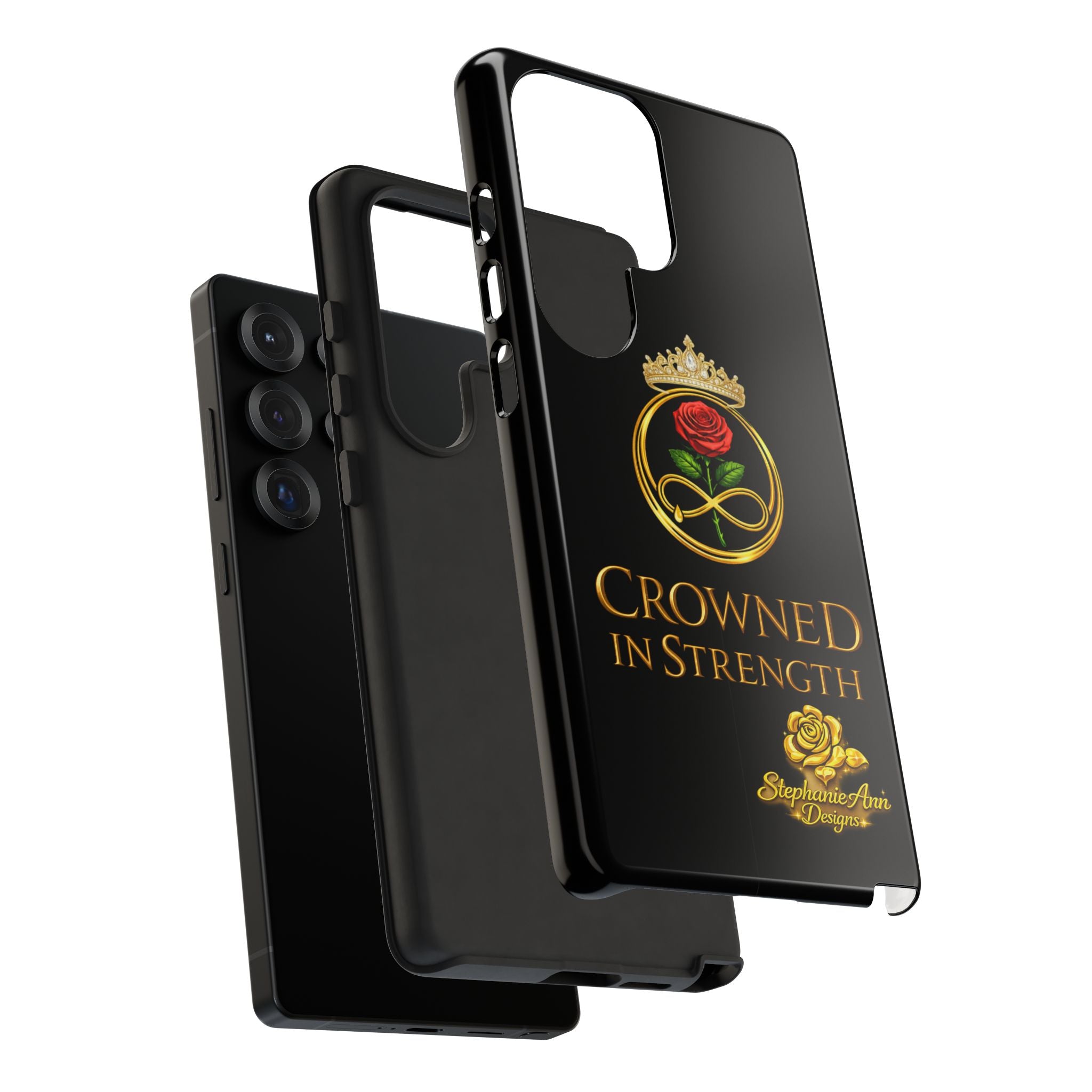 ' A Rose Crowned in Strength Phone Case Rose golden  — Protective Black Case with Rose & Crown Empowerment Design