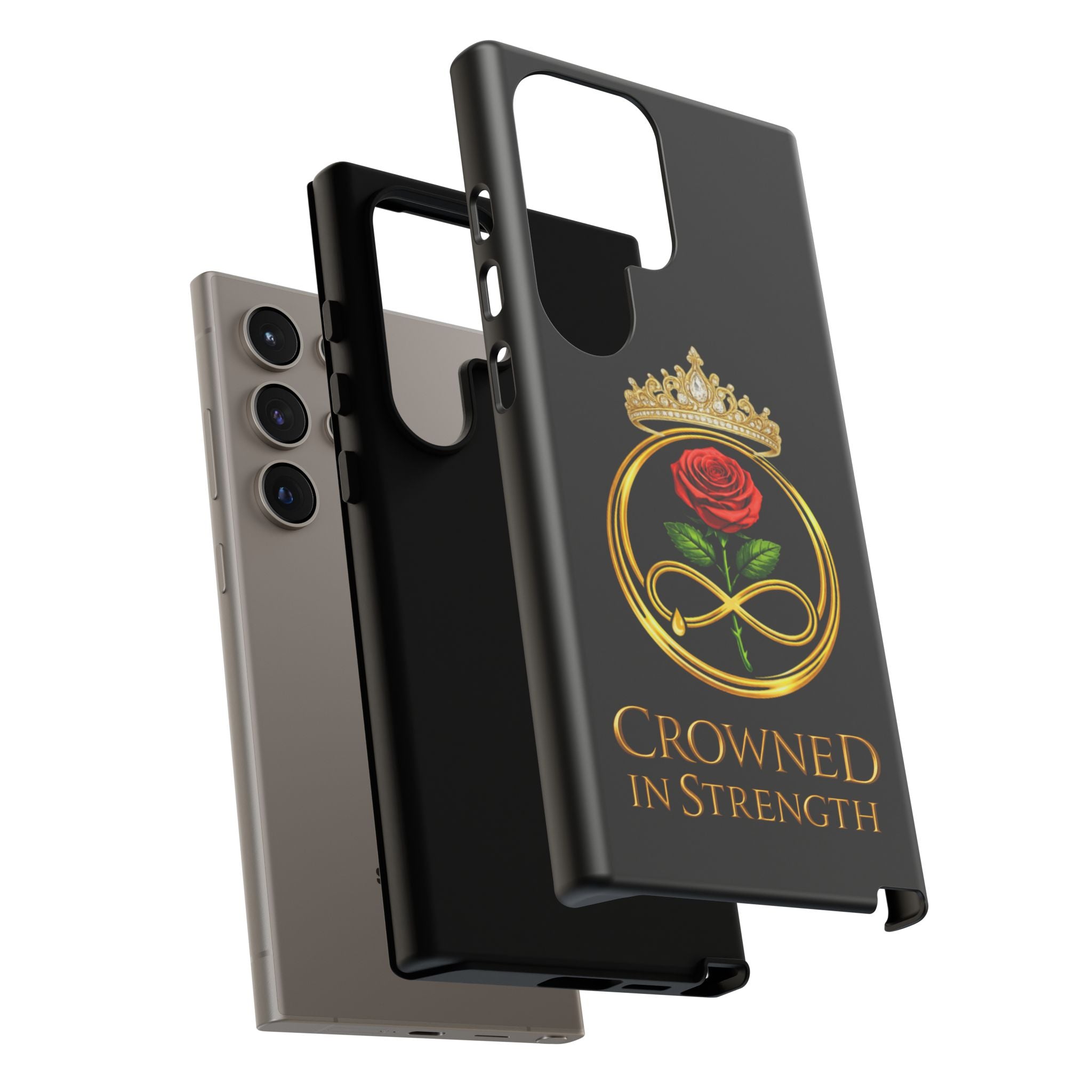 'A Rose Crowned in Strength Phone Case Black Rose Gold infinity